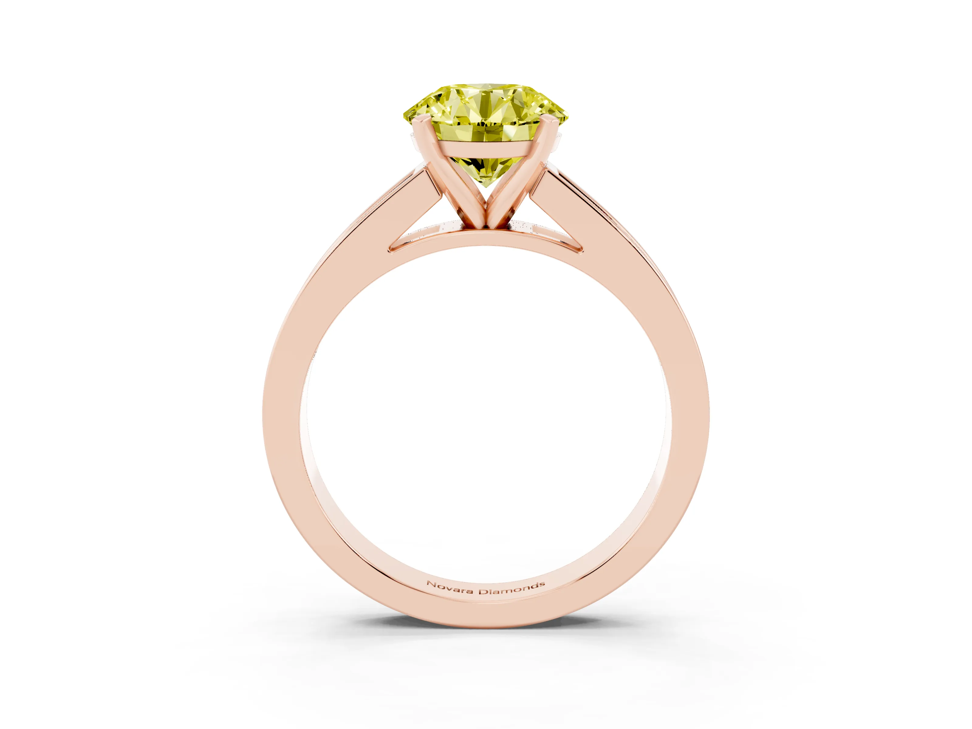 Fancy Yellow Round Cut Diamond Solitaire Ring Set in Rose gold with Channel-Set Band and Prong Setting