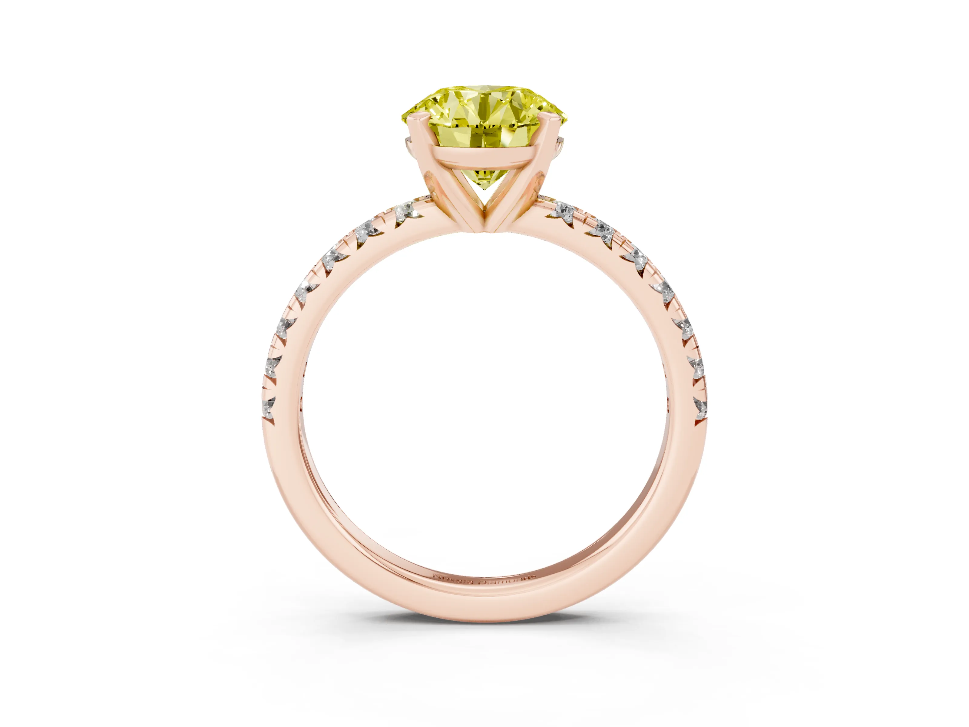 Fancy Yellow Round Cut Diamond Solitaire Pavé Engagement Ring Set in Rose gold with Round Band and Prong Setting