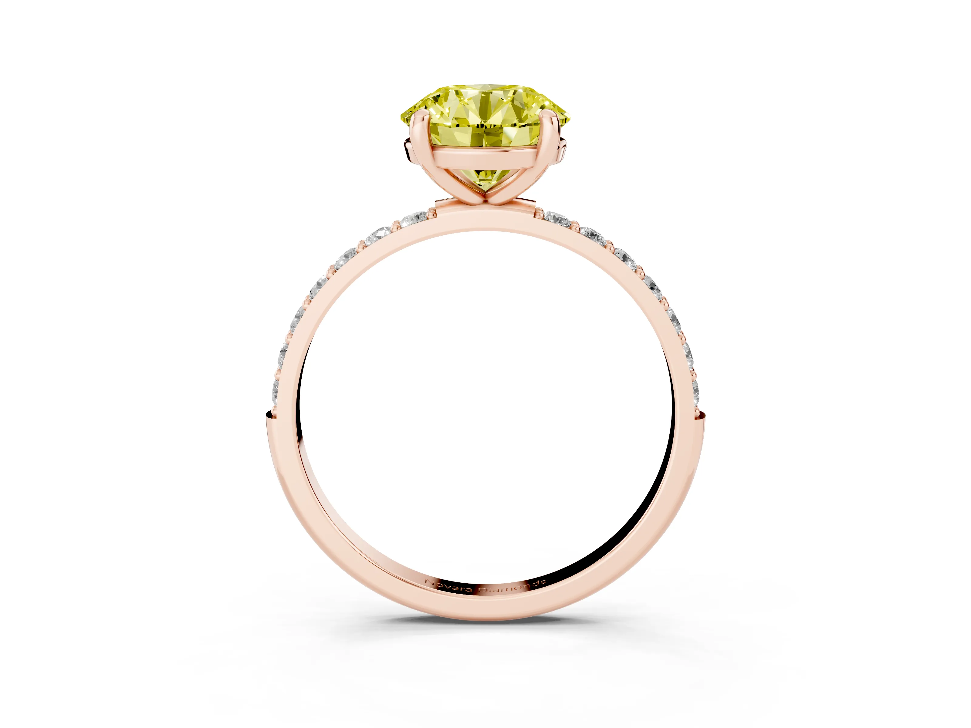 Fancy Yellow Round Cut Diamond Solitaire Ring Set in Rose gold with Round Pavé Band and Prong Setting
