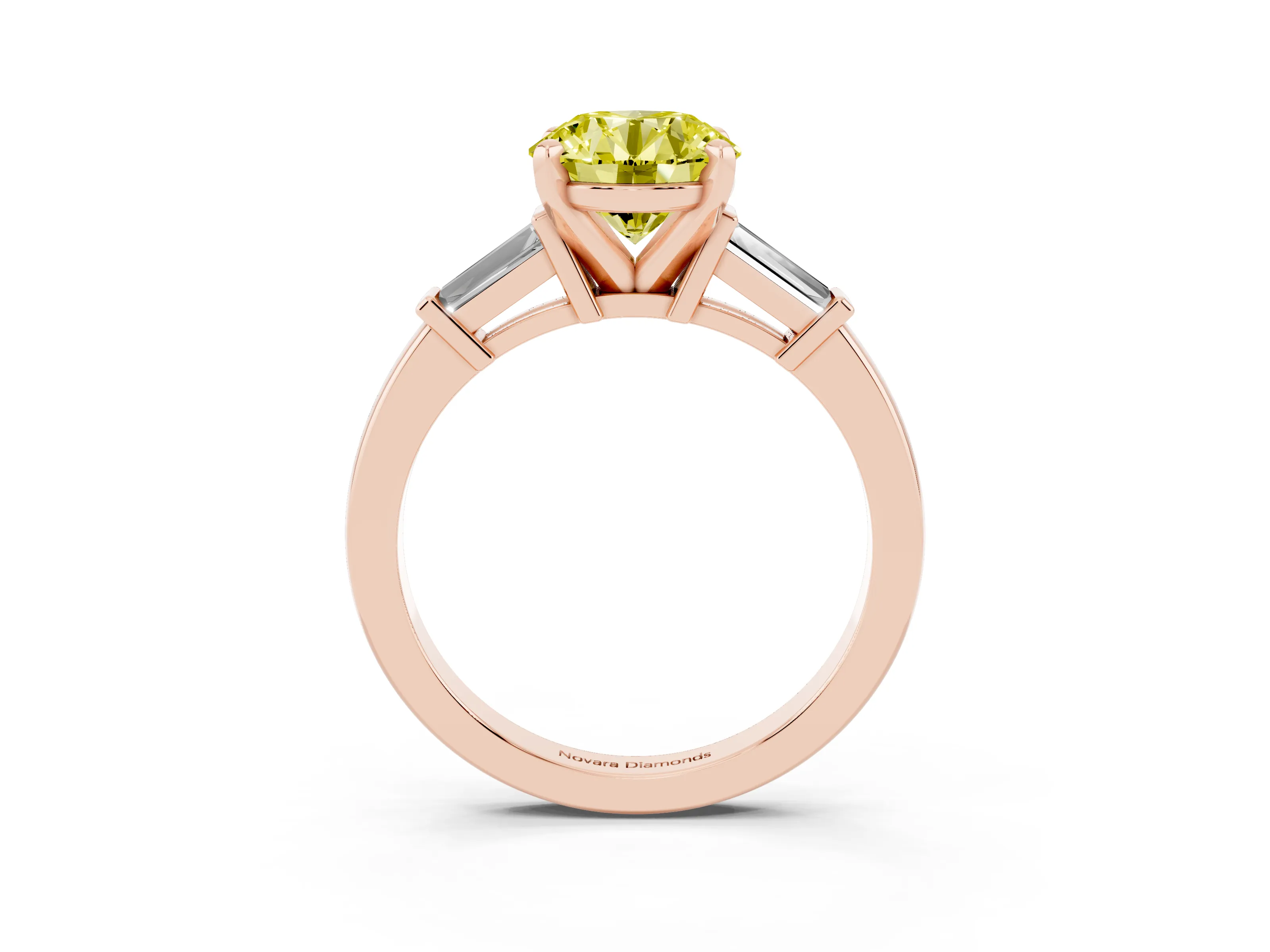 Fancy Yellow Round Cut Diamond Solitaire Ring Set in Rose gold with Tapered Baguette Accents and Prong Setting