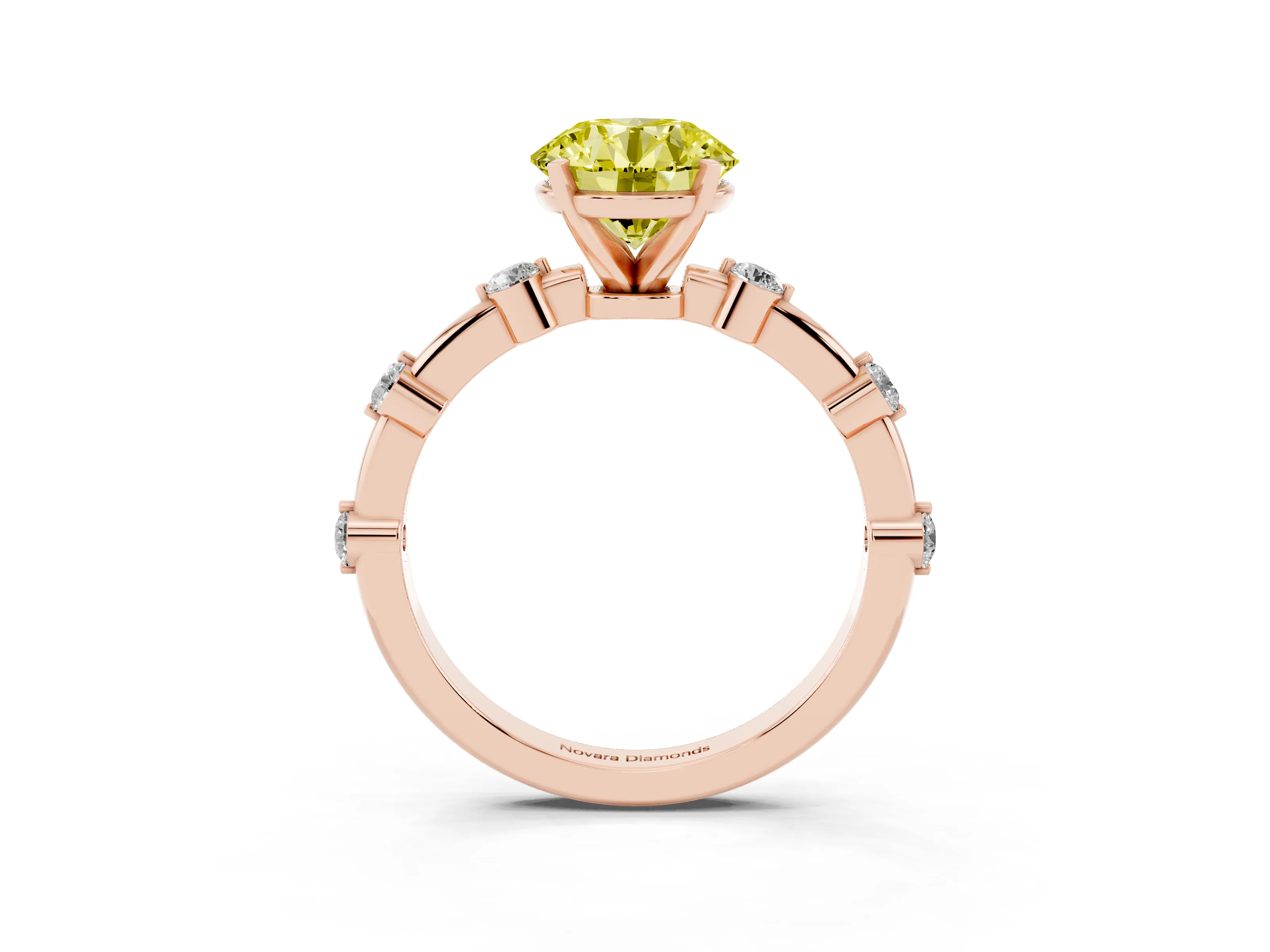 Fancy Yellow Round Cut Diamond Solitaire Ring Set in Rose gold with Bezel Set Side Stones and Prong Setting