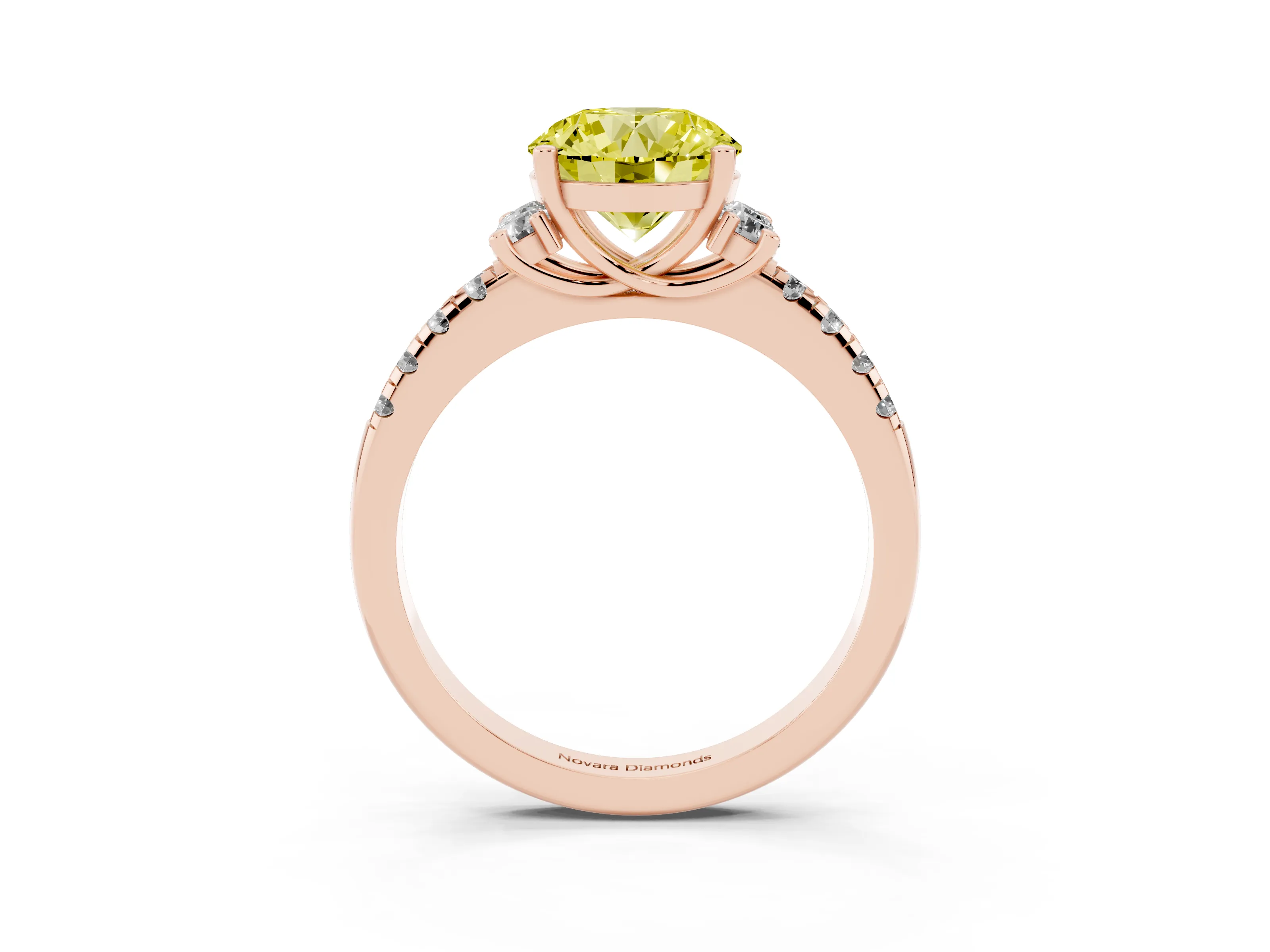 Fancy Yellow Round Cut Diamond Three-Stone Pavé Ring Set in Rose gold with Prong Setting