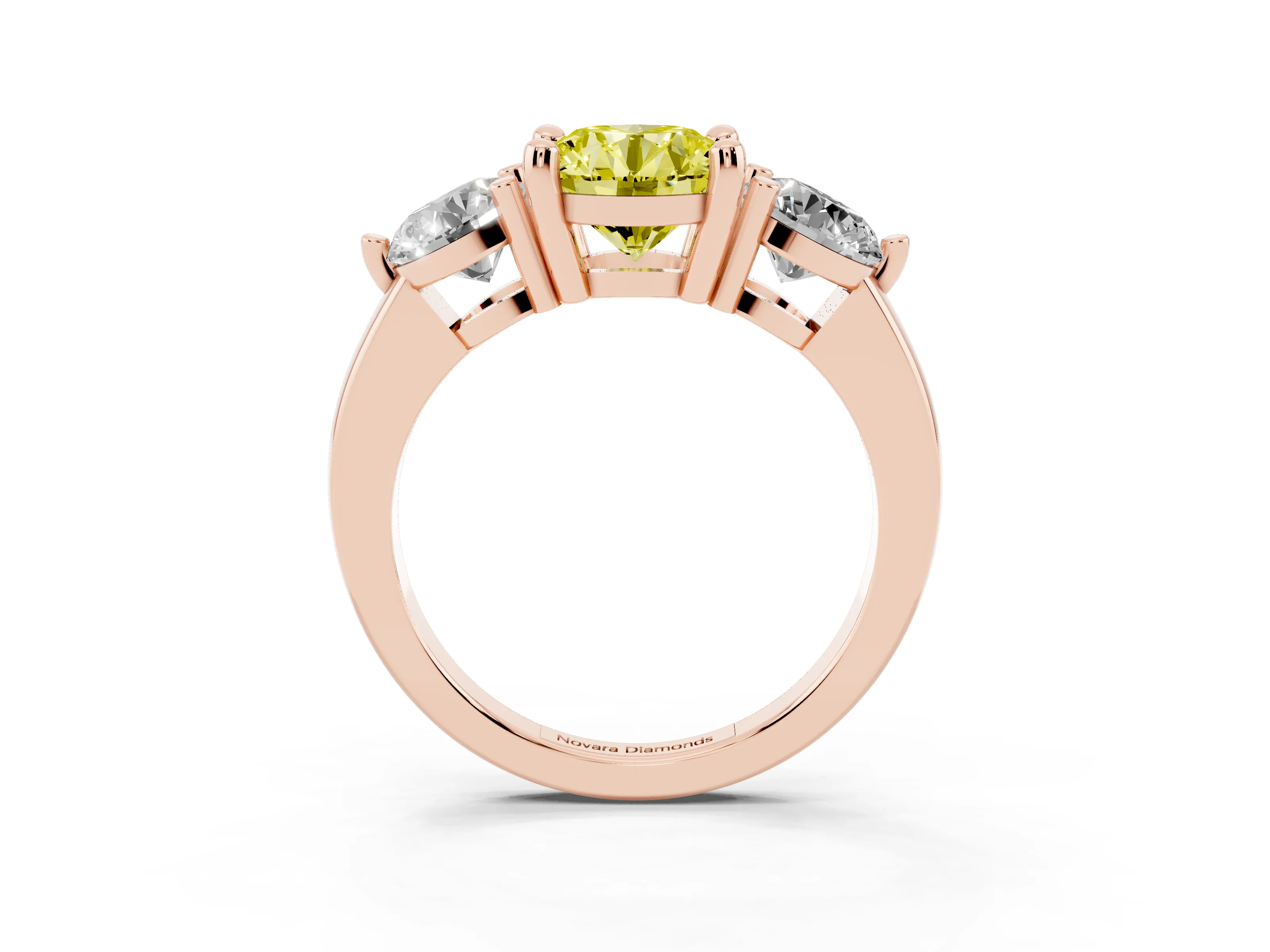 Fancy Yellow Round Cut Diamond Three-Stone Ring Set in Rose gold with Prong Setting and Classic Band