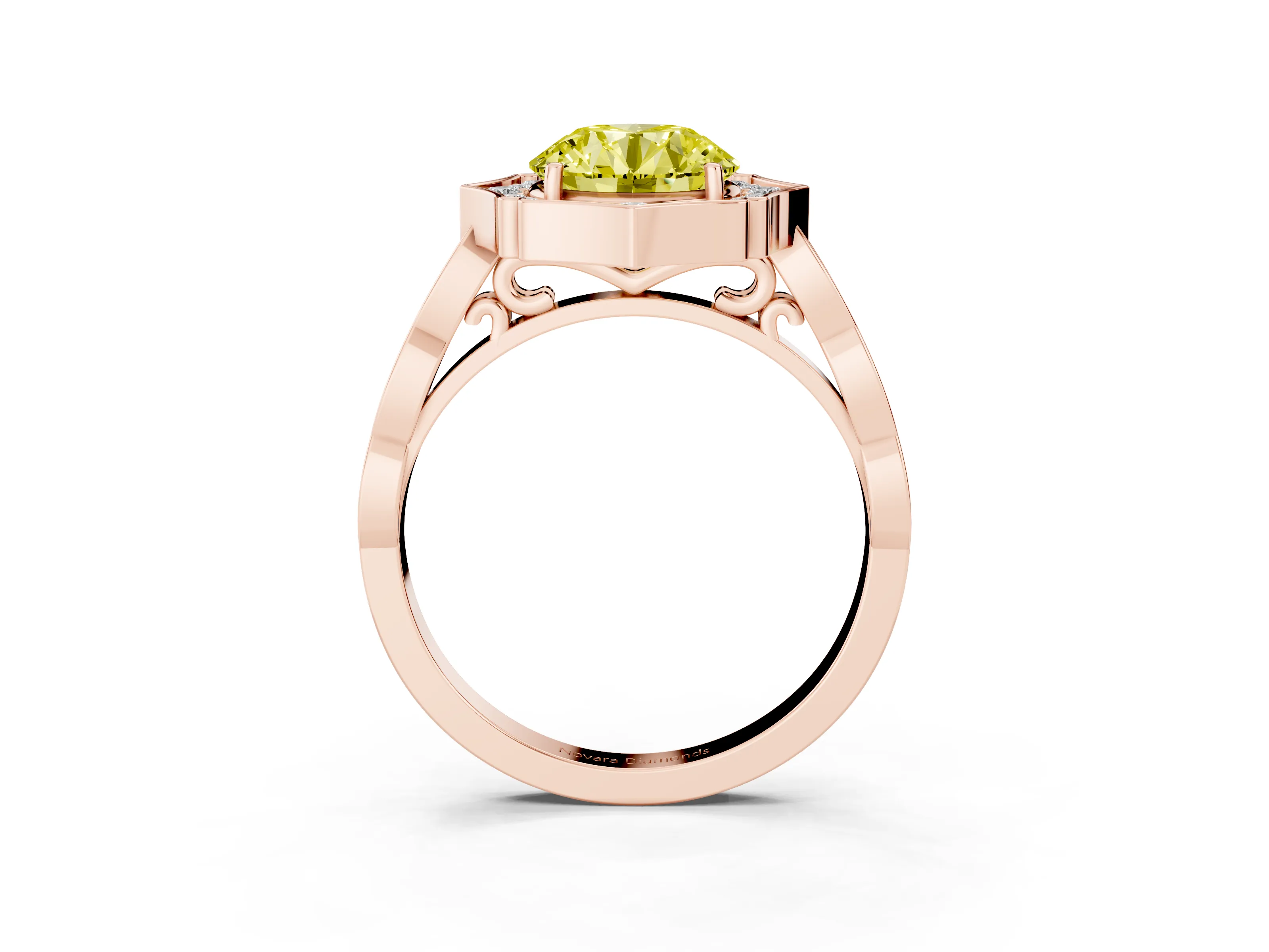 Fancy Yellow Round Cut Diamond Halo Engagement Ring Set in Rose gold with Milgrain Band and Prong Setting