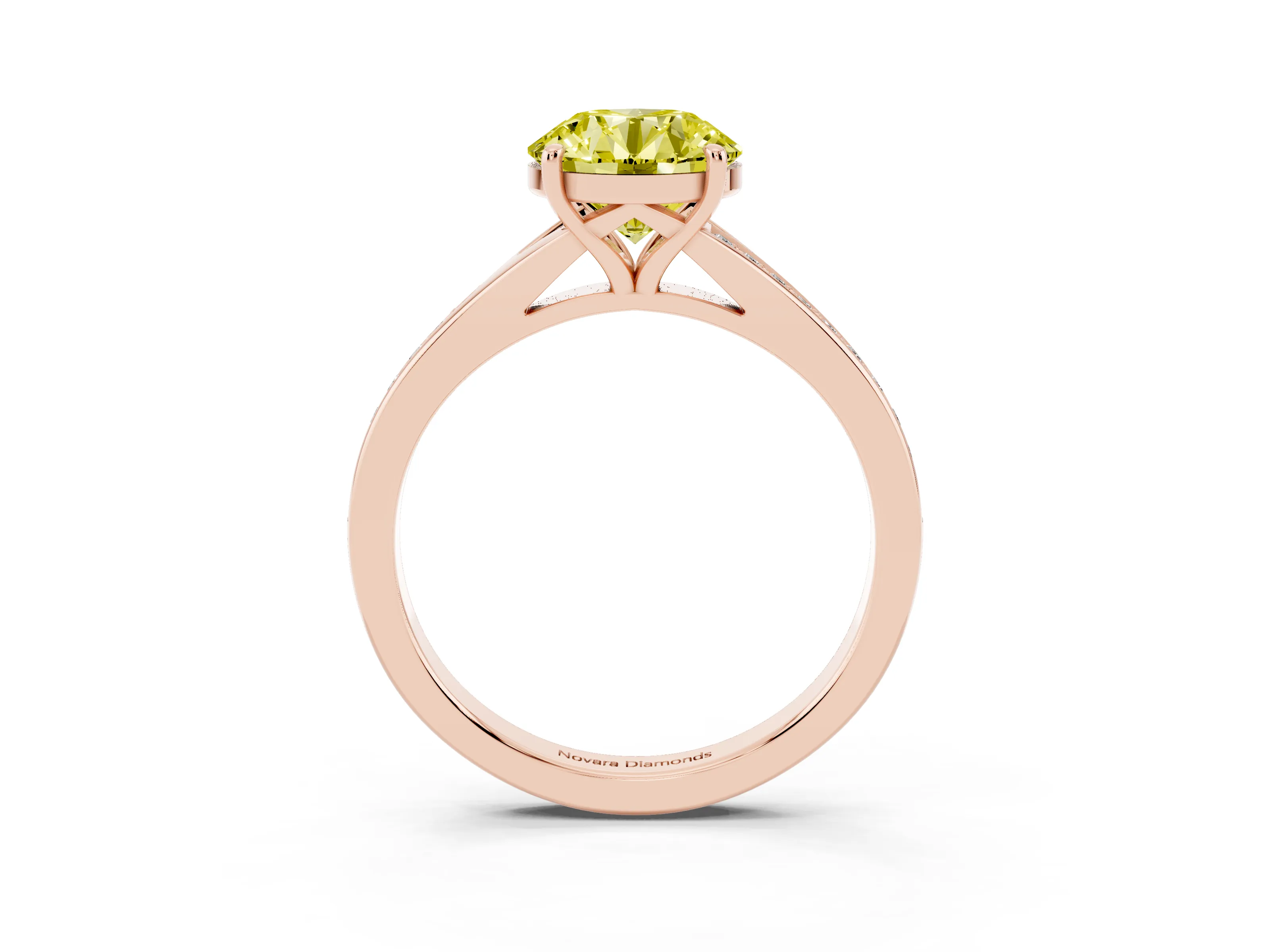 Fancy Yellow Round Cut Diamond Solitaire Ring Set in Rose gold with Pavé Accent Band and Classic Prong Setting