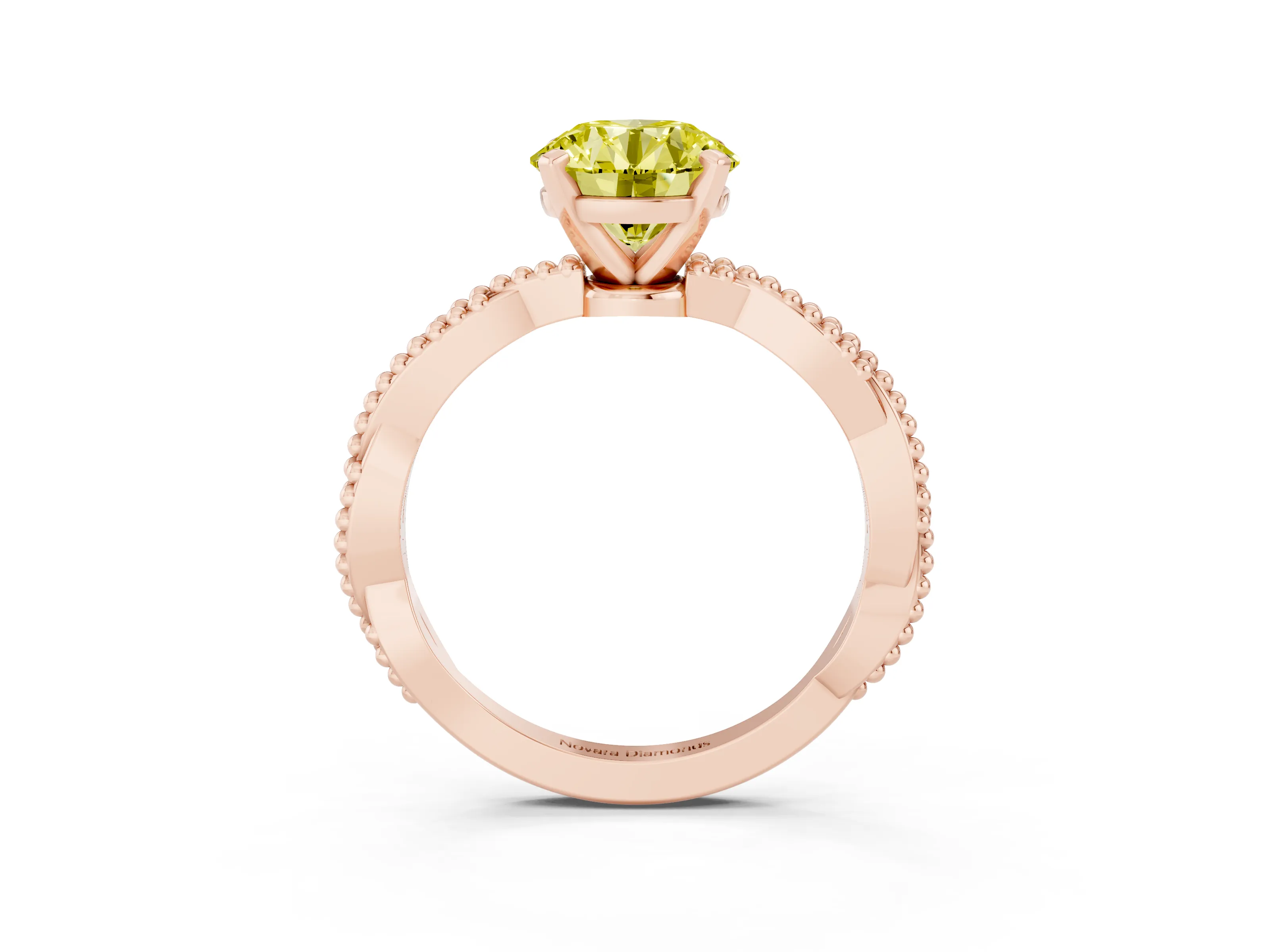 Fancy Yellow Round Cut Diamond Solitaire Ring Set in Rose gold with Twisted Band and Bead Prong Setting