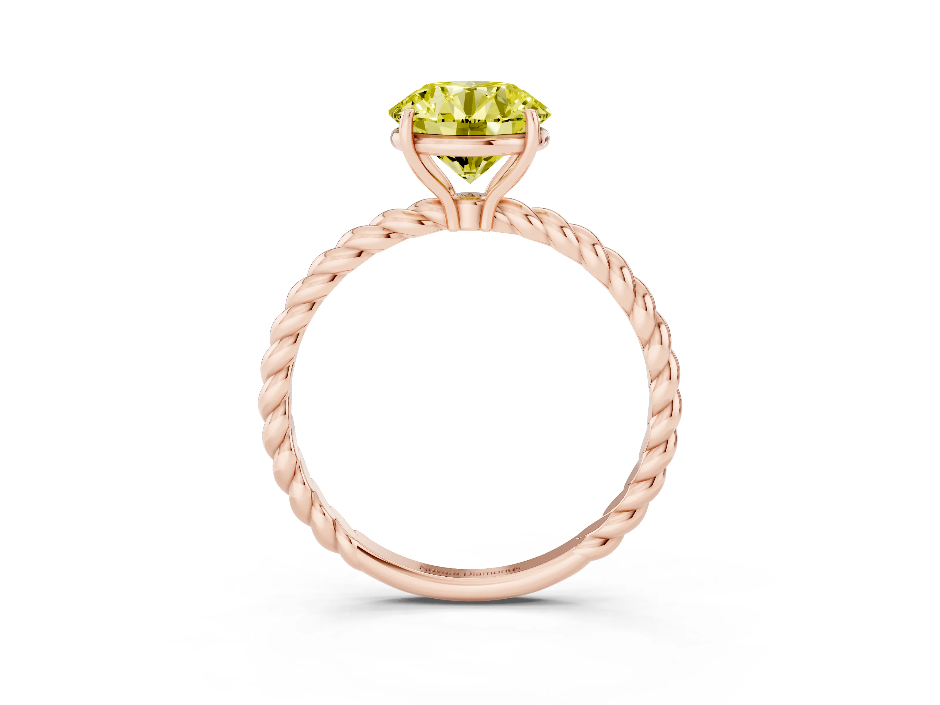 Fancy Yellow Round Cut Diamond Solitaire Ring Set in Rose gold with Twist Band and Prong Setting