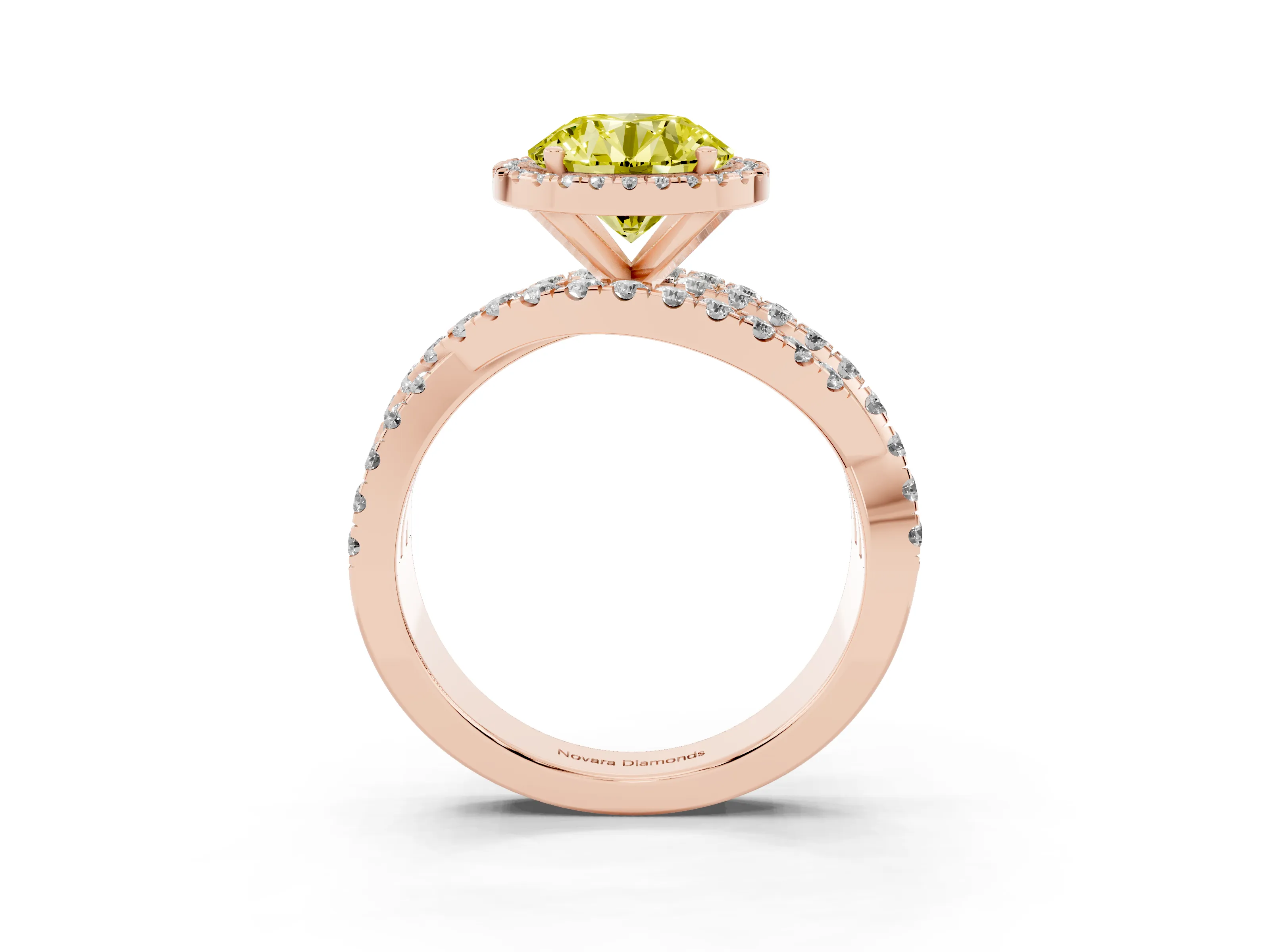 Fancy Yellow Round Cut Diamond Halo Ring Set in Rose gold with Round Crossover Split Shank and Prong Setting