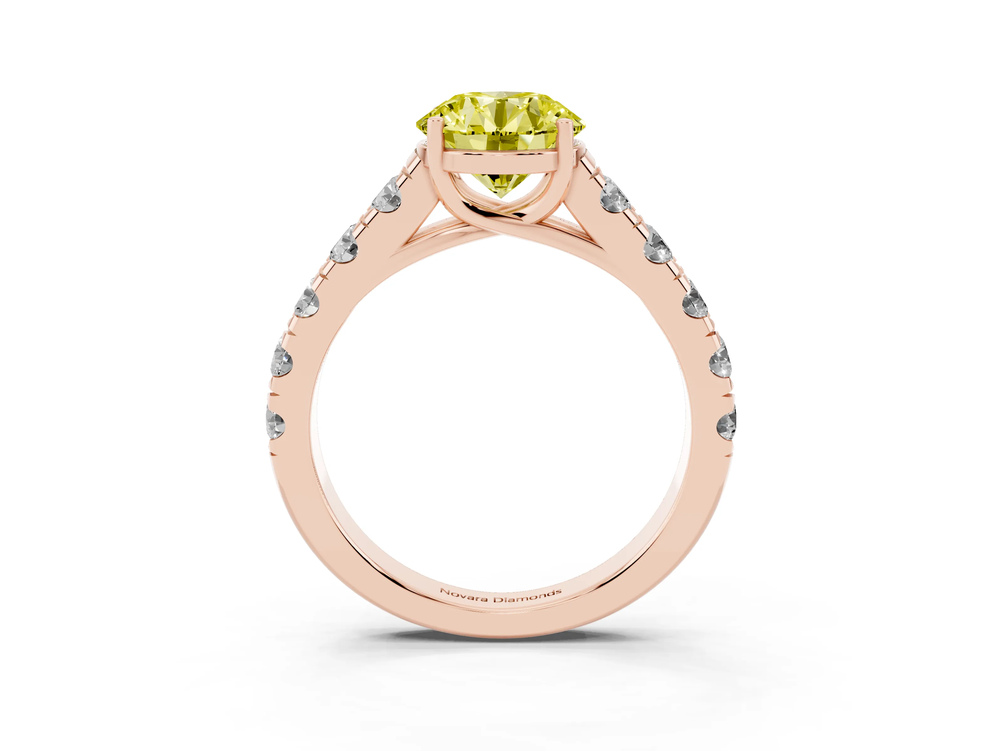 Fancy Yellow Round Cut Diamond Solitaire Ring Set in Rose gold with Cut-Down Micro Pavé Band and Prong Setting