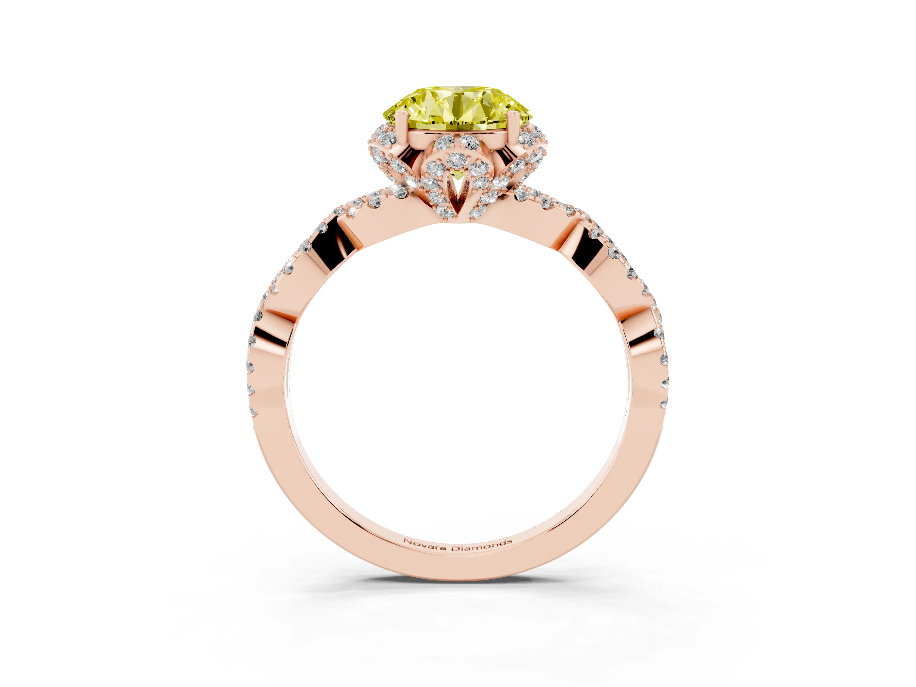Fancy Yellow Round Cut Diamond Halo Twist Band Solitaire Ring Set in Rose gold with Prong-Set Center Stone