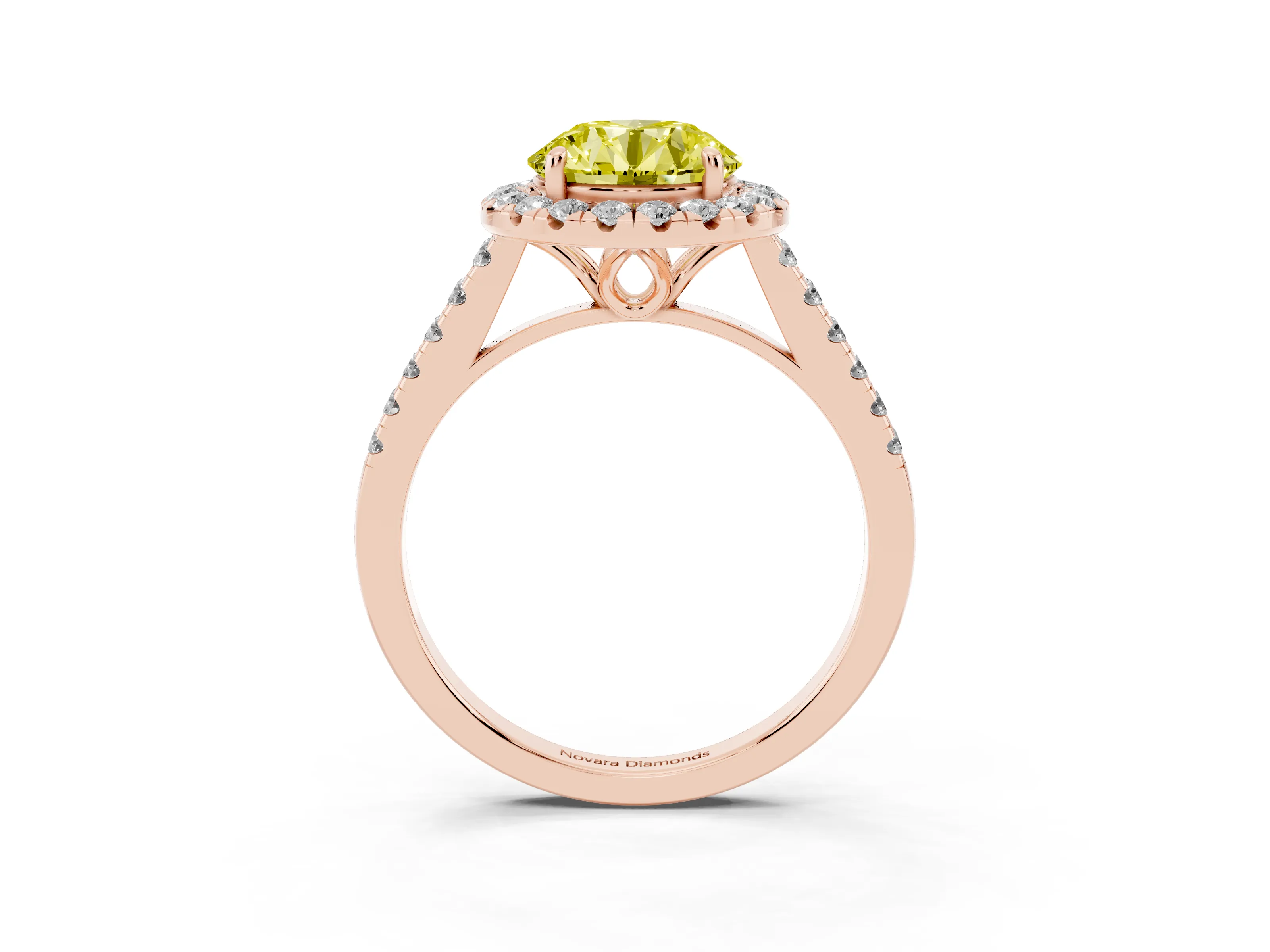 Fancy Yellow Round Cut Diamond Pavé Halo Engagement Ring Set in Rose gold with Pavé Band and Prong Setting