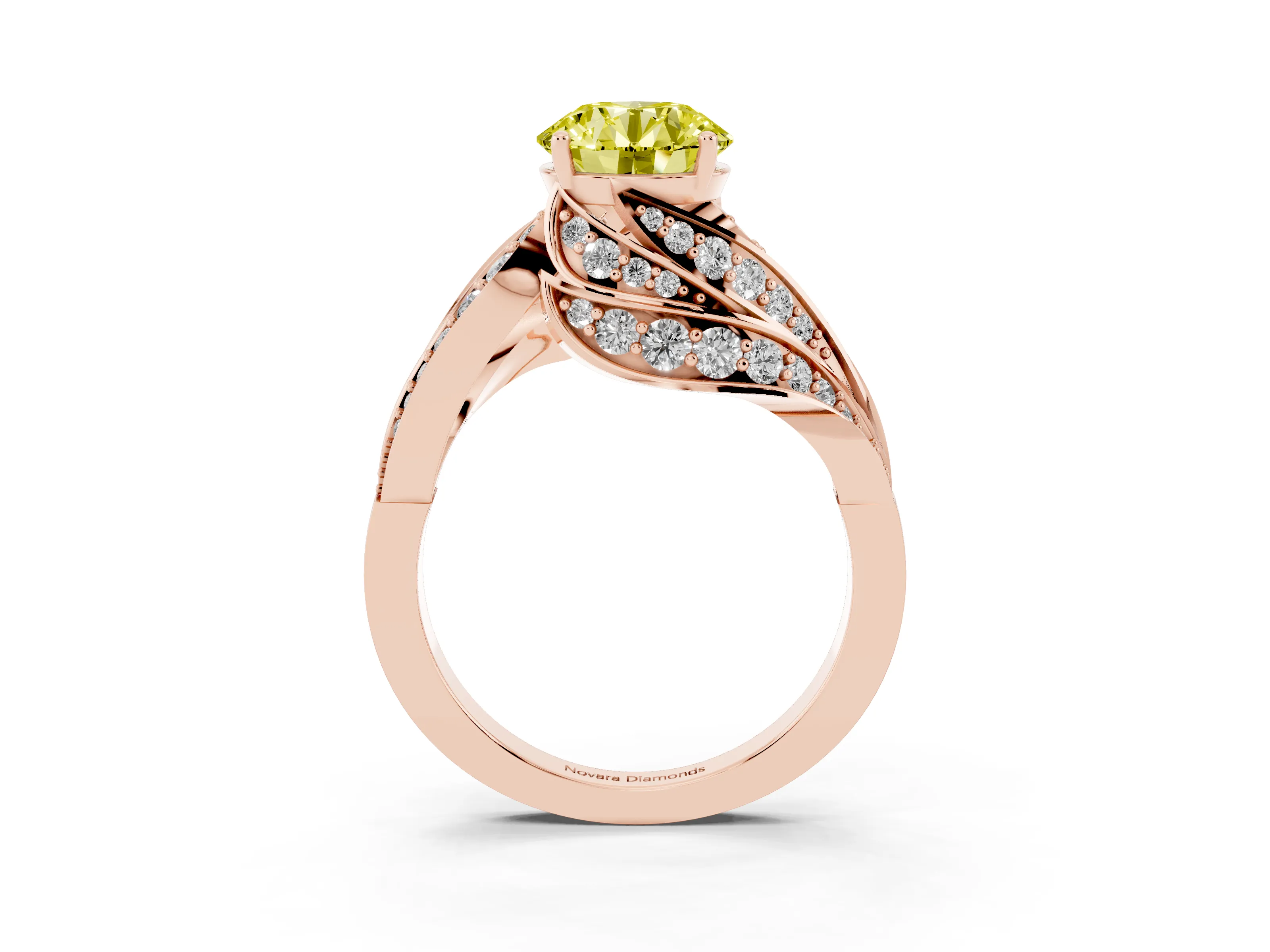 Fancy Yellow Round Cut Diamond Solitaire Ring Set in Rose gold with Layered Twist Pavé Band
