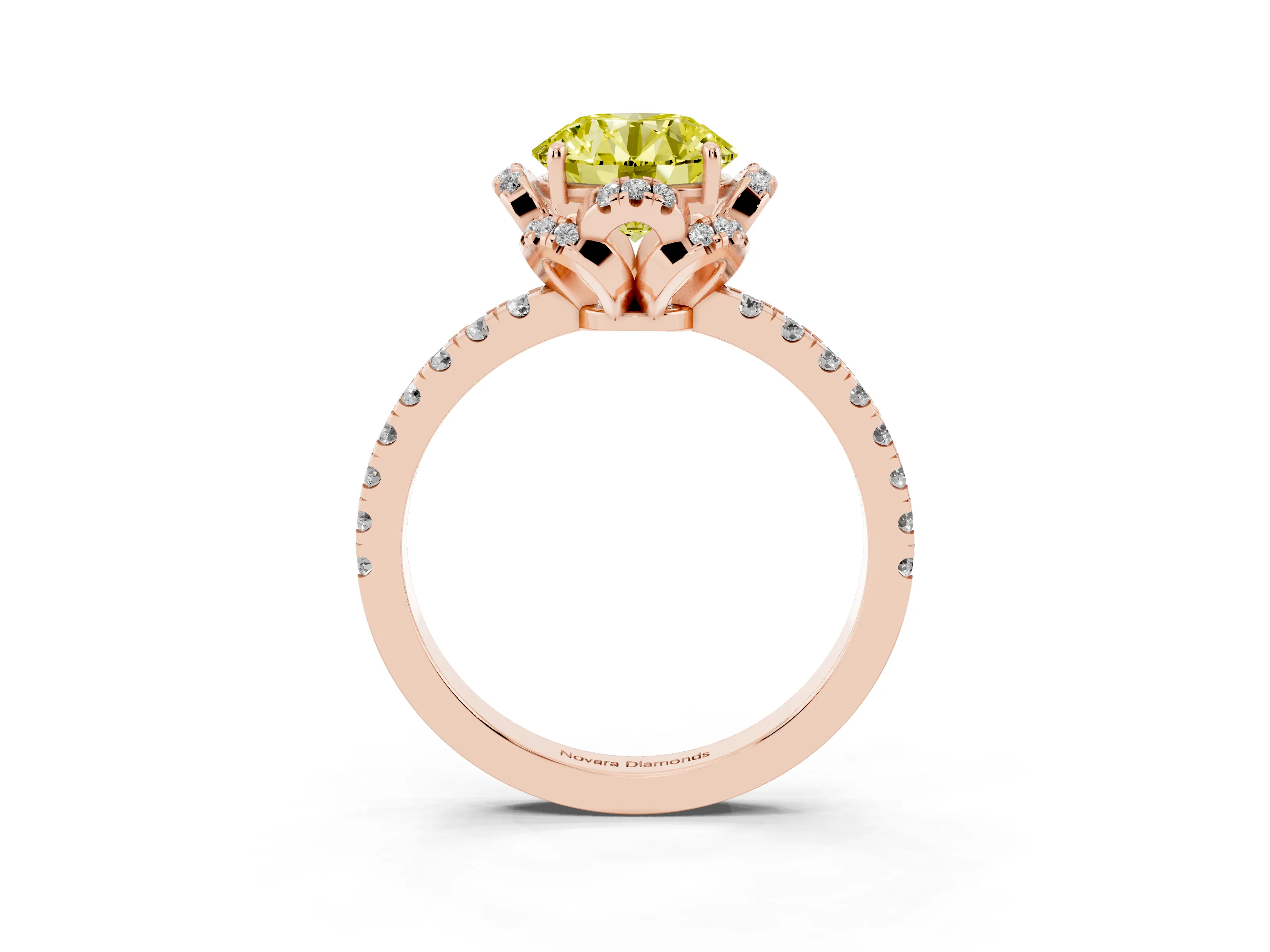Fancy Yellow Round Cut Diamond Halo Pavé Band Ring Set in Rose gold with Prong-Held Center