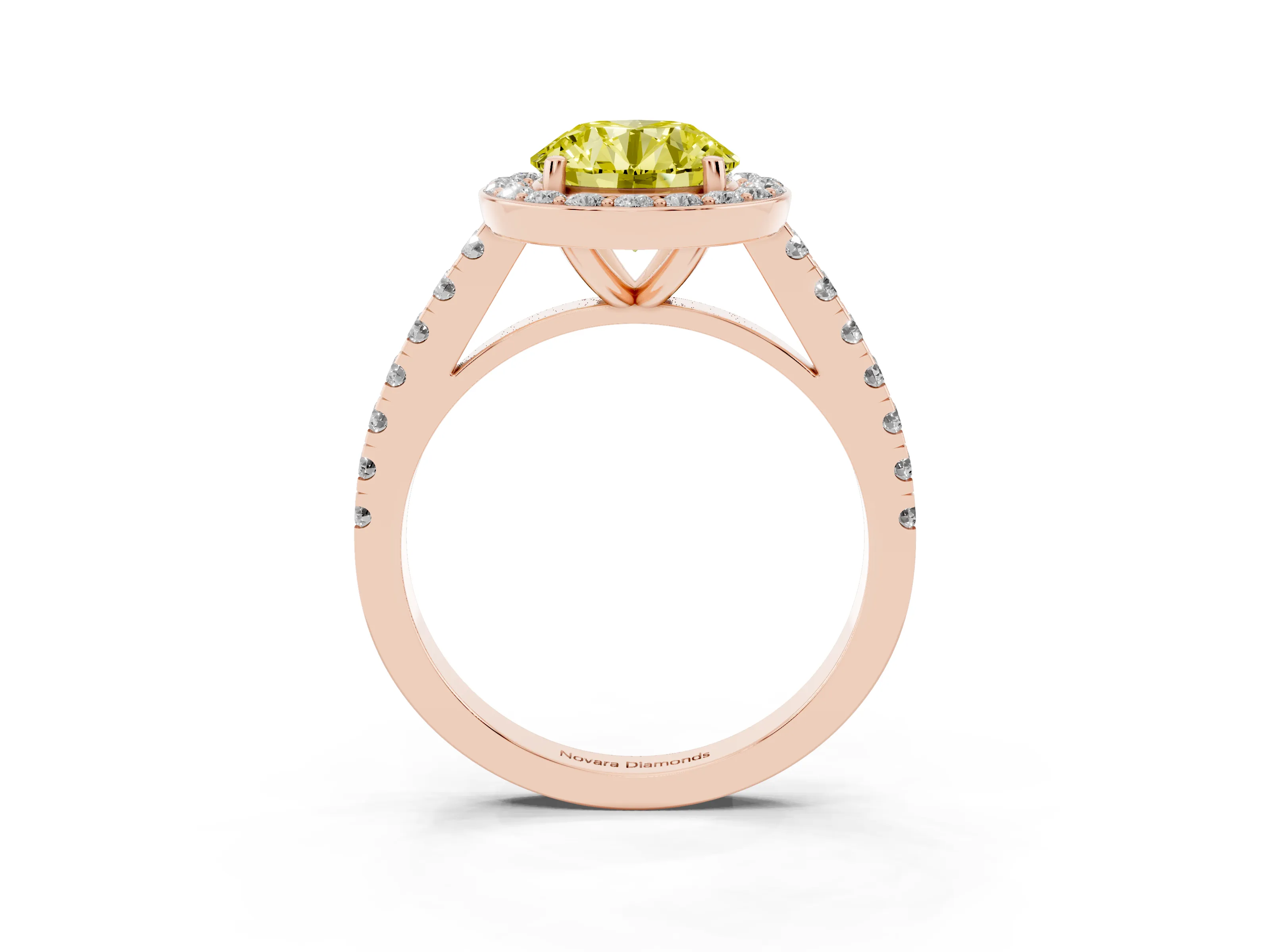 Fancy Yellow Round Cut Diamond Halo Ring Set in Rose gold with Round Pavé Split Shank and Prong Setting
