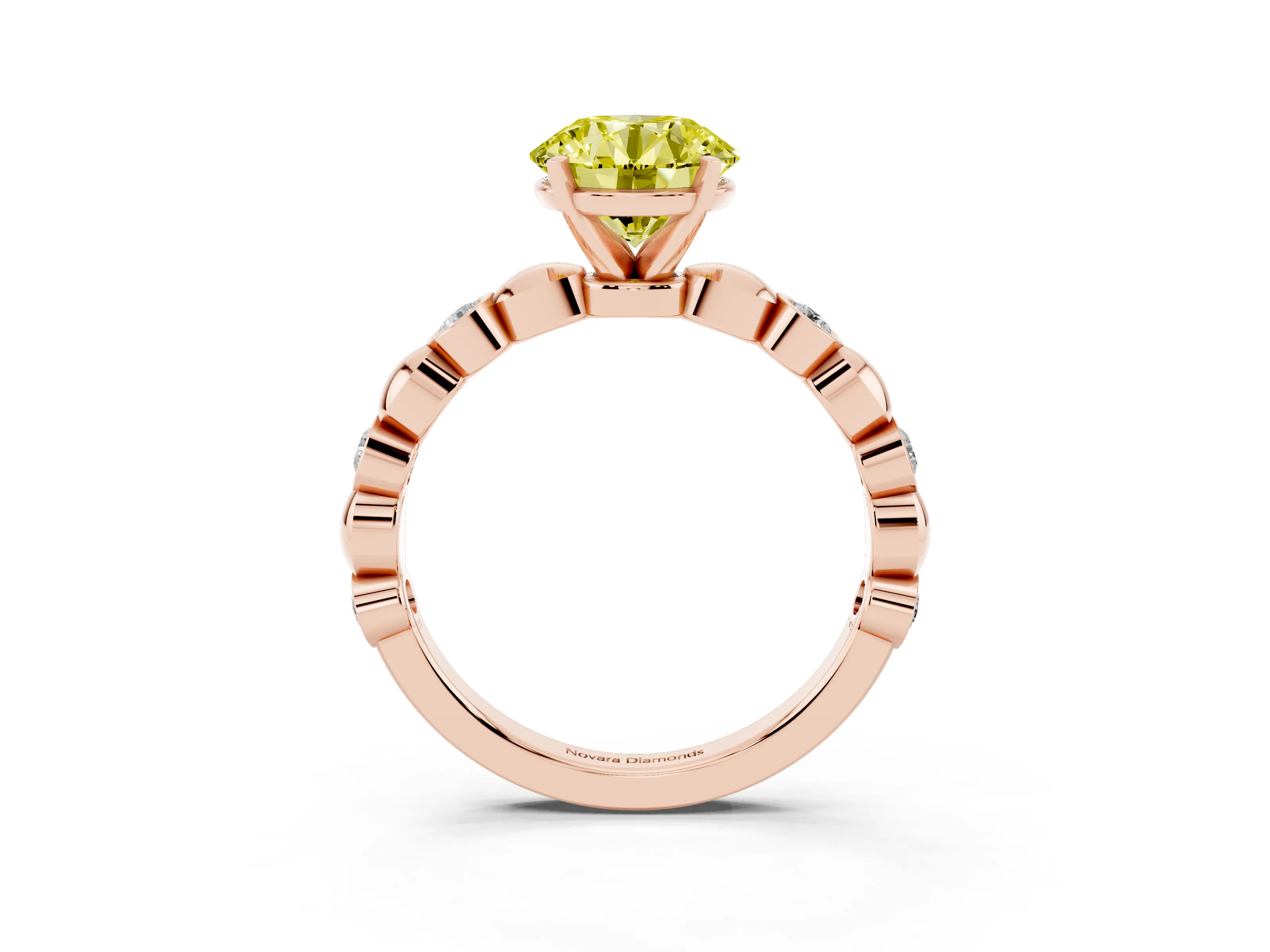 Fancy Yellow Round Cut Diamond Solitaire Ring Set in Rose gold with Bezel-Set Accents on Beaded Band and Prong Setting