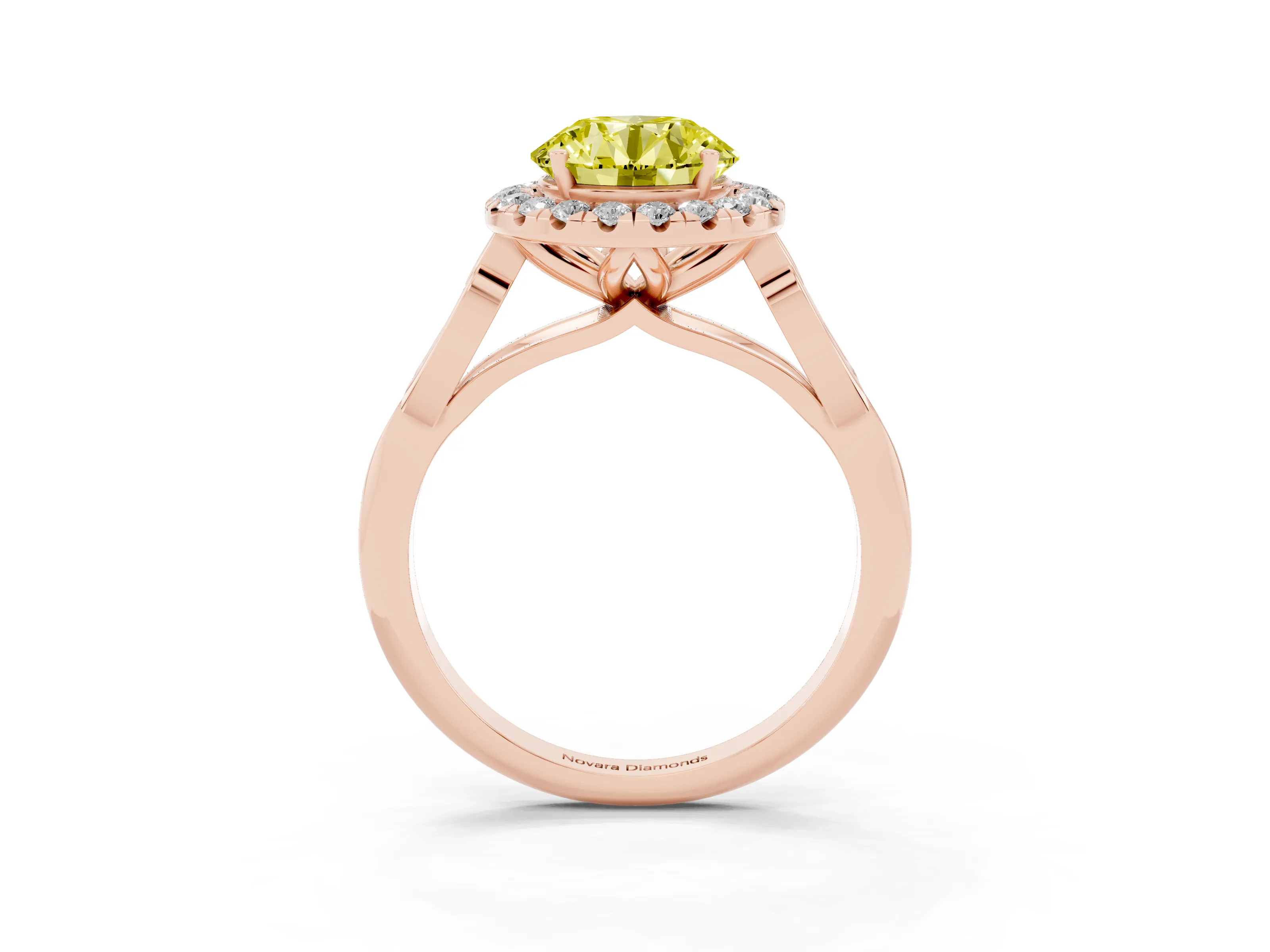 Fancy Yellow Round Cut Diamond Halo Engagement Ring Set in Rose gold with Filigree Band and Prong-Set Center