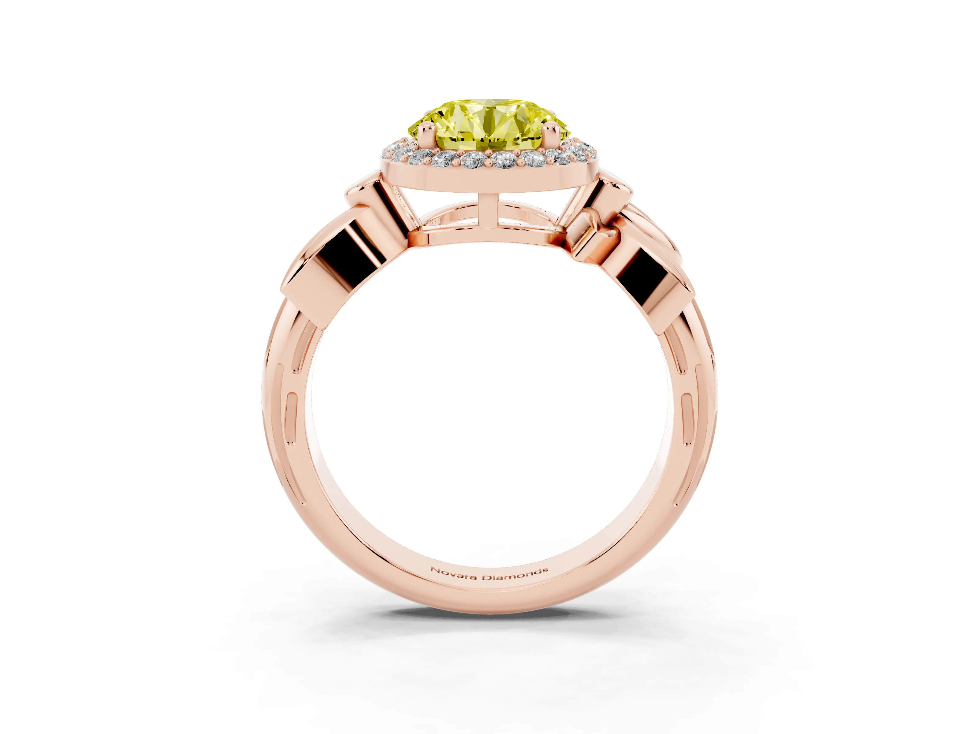 Fancy Yellow Round Cut Diamond Halo Floral Band Ring Set in Rose gold with Prong Setting