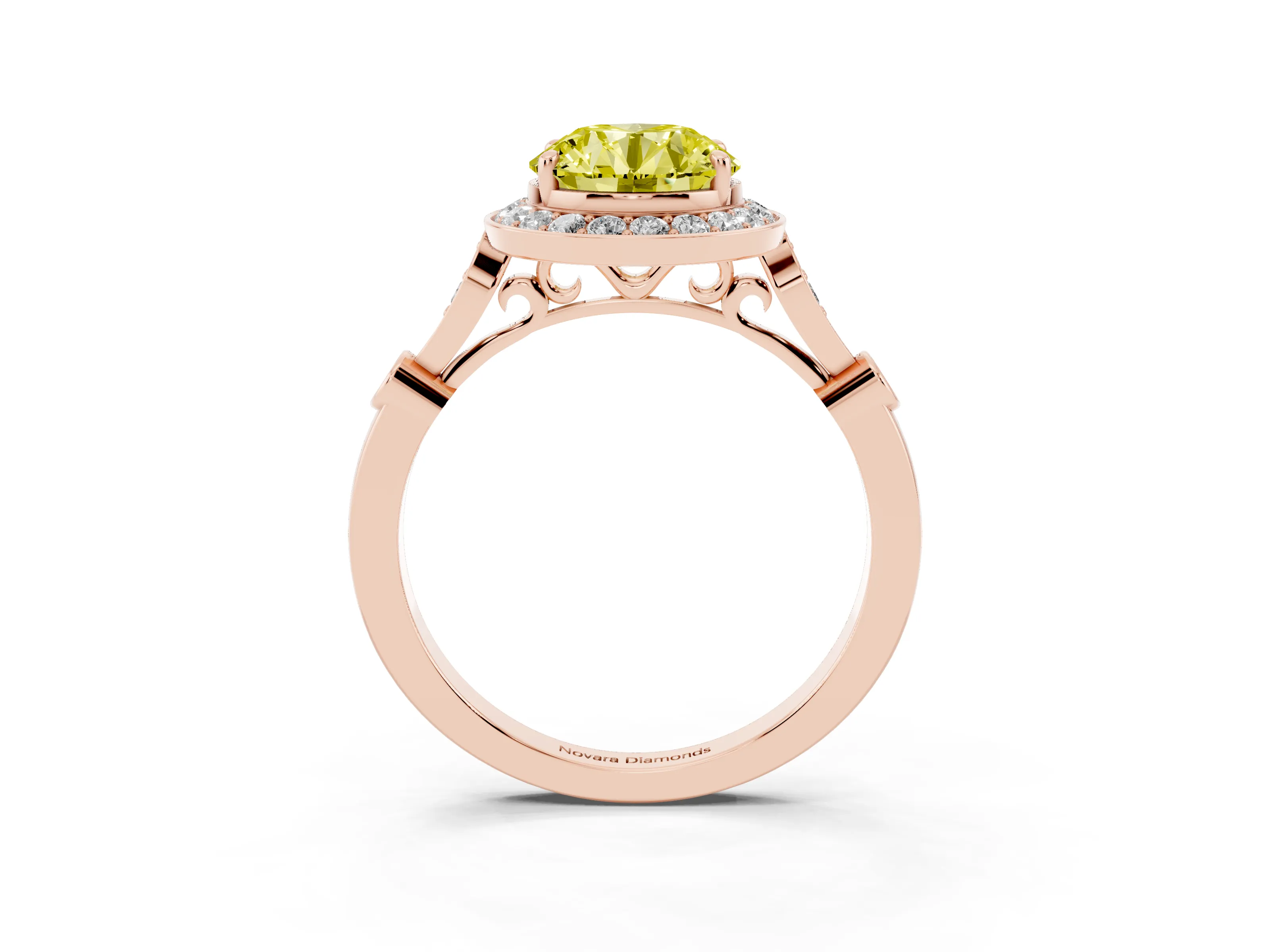 Fancy Yellow Round Cut Diamond Halo Engagement Ring Set in Rose gold with Twisted Band and Prong Setting