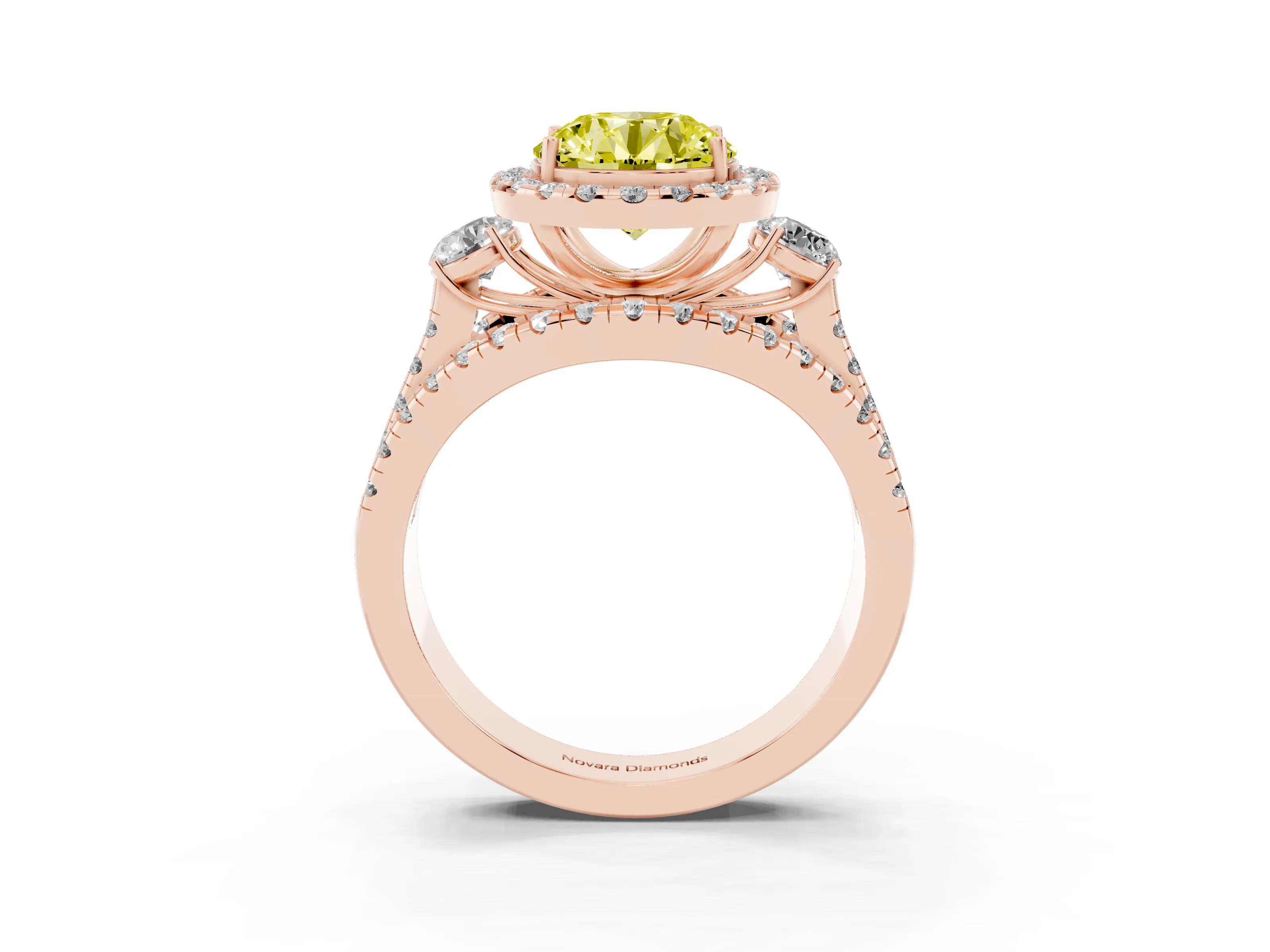 Fancy Yellow Round Cut Diamond Halo Split Shank Ring Set in Rose gold with Round Accent Stones and Prong Setting