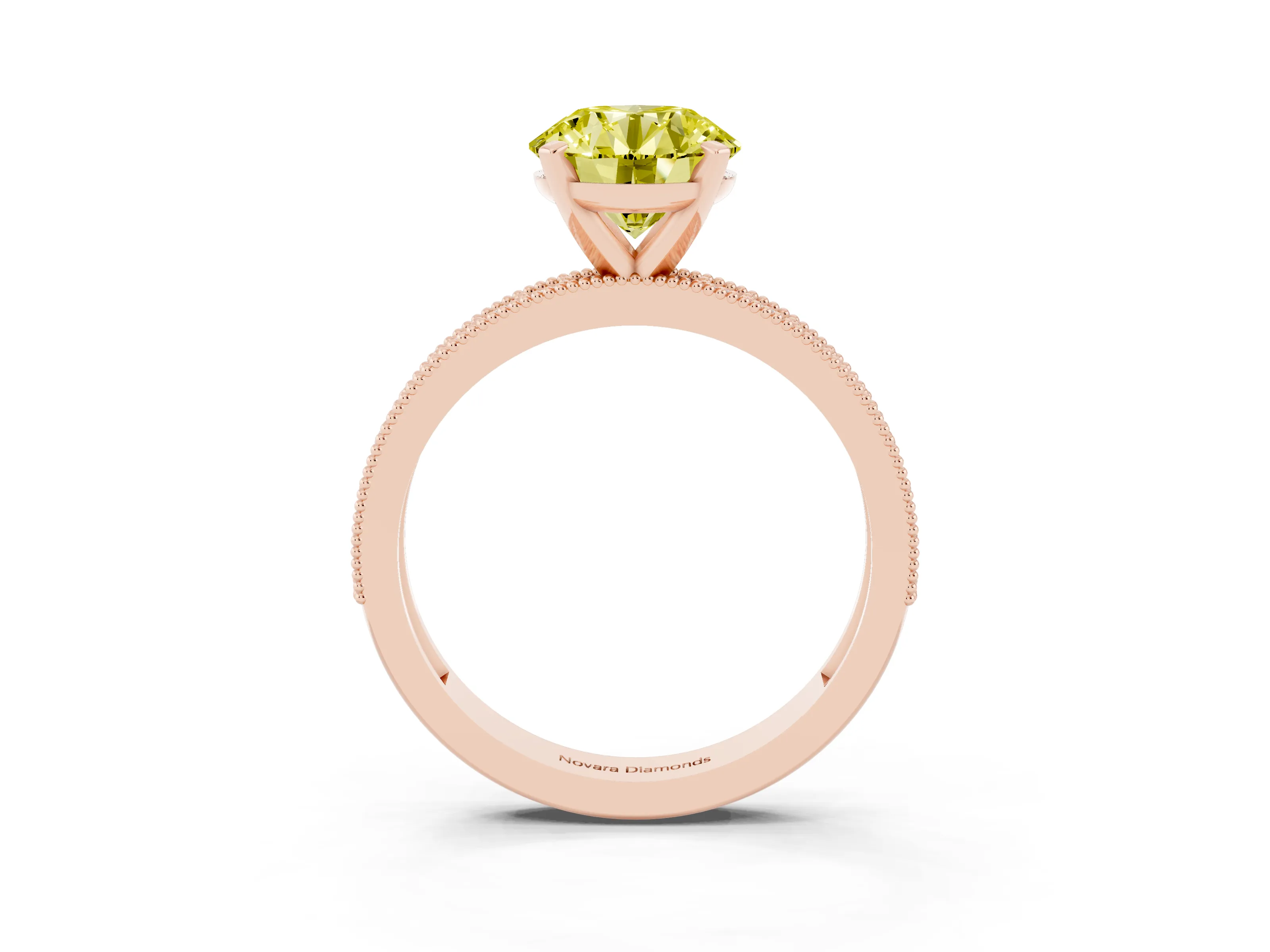 Fancy Yellow Round Cut Diamond Milgrain Pavé Engagement Ring Set in Rose gold with Prong Setting