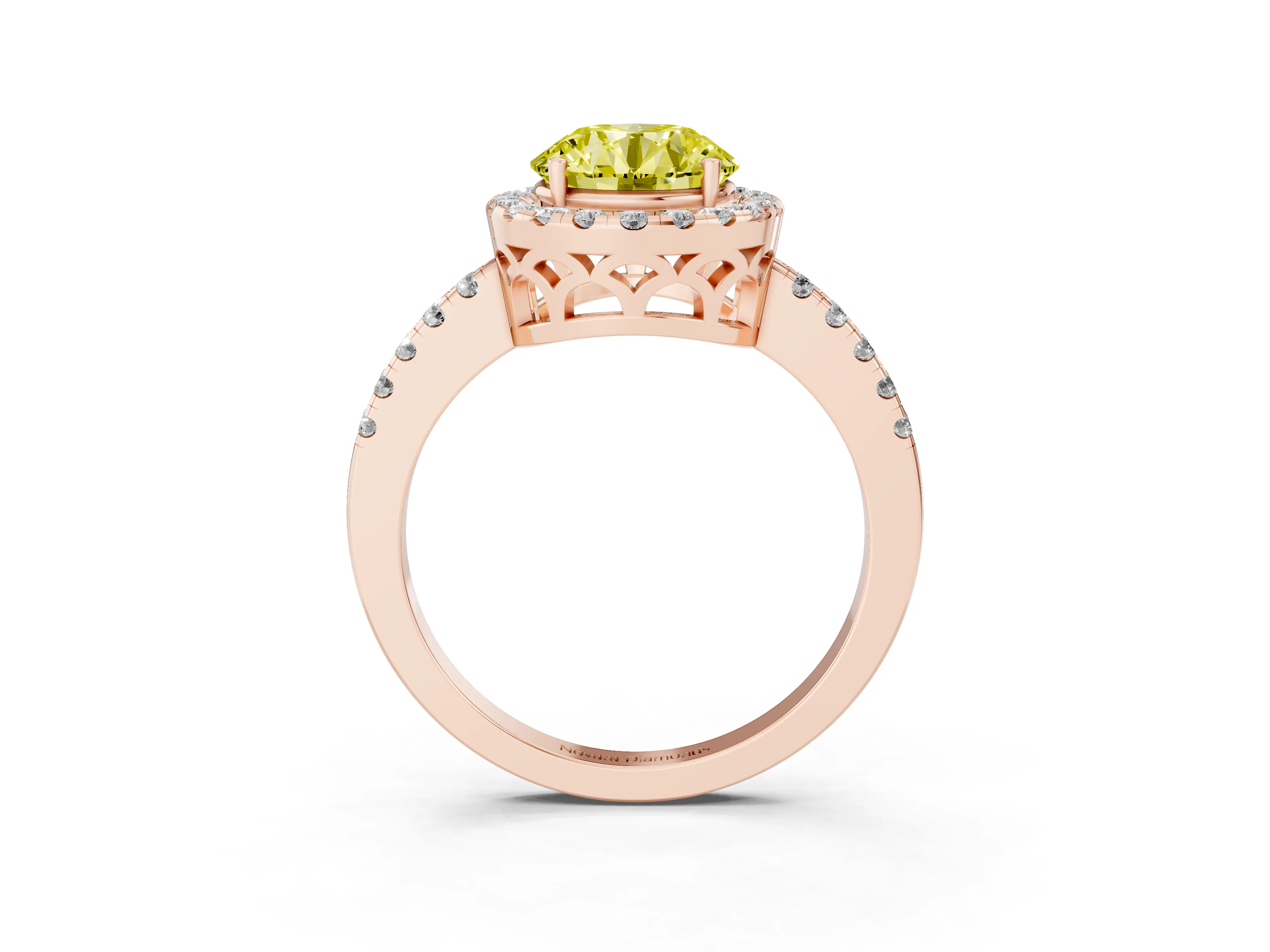 Fancy Yellow Round Cut Diamond Pavé Band Halo Engagement Ring Set in Rose gold with Prong Setting