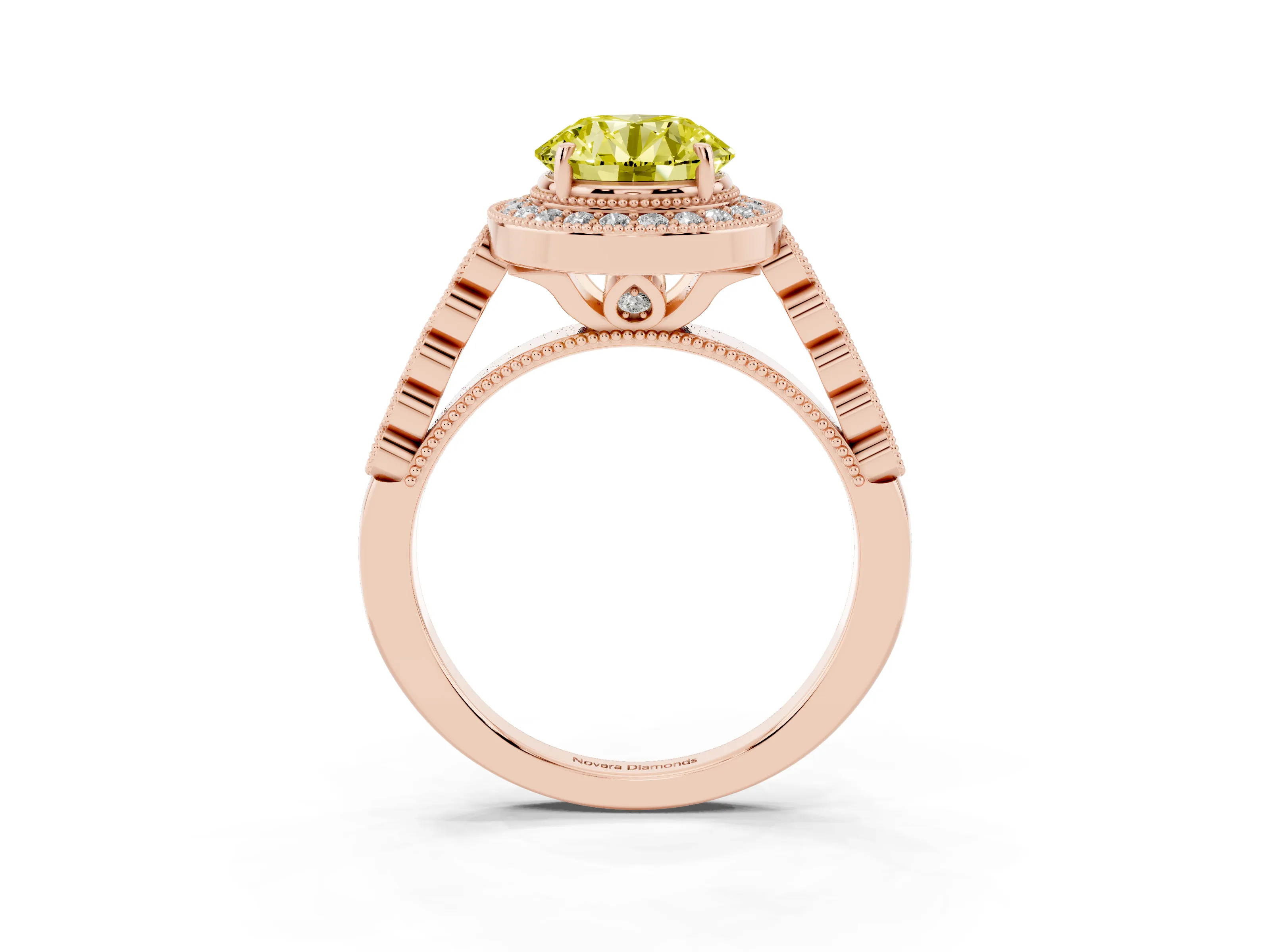 Fancy Yellow Round Cut Diamond Milgrain Halo Solitaire Ring Set in Rose gold with Bezel Set Side Stones and Pavé Band