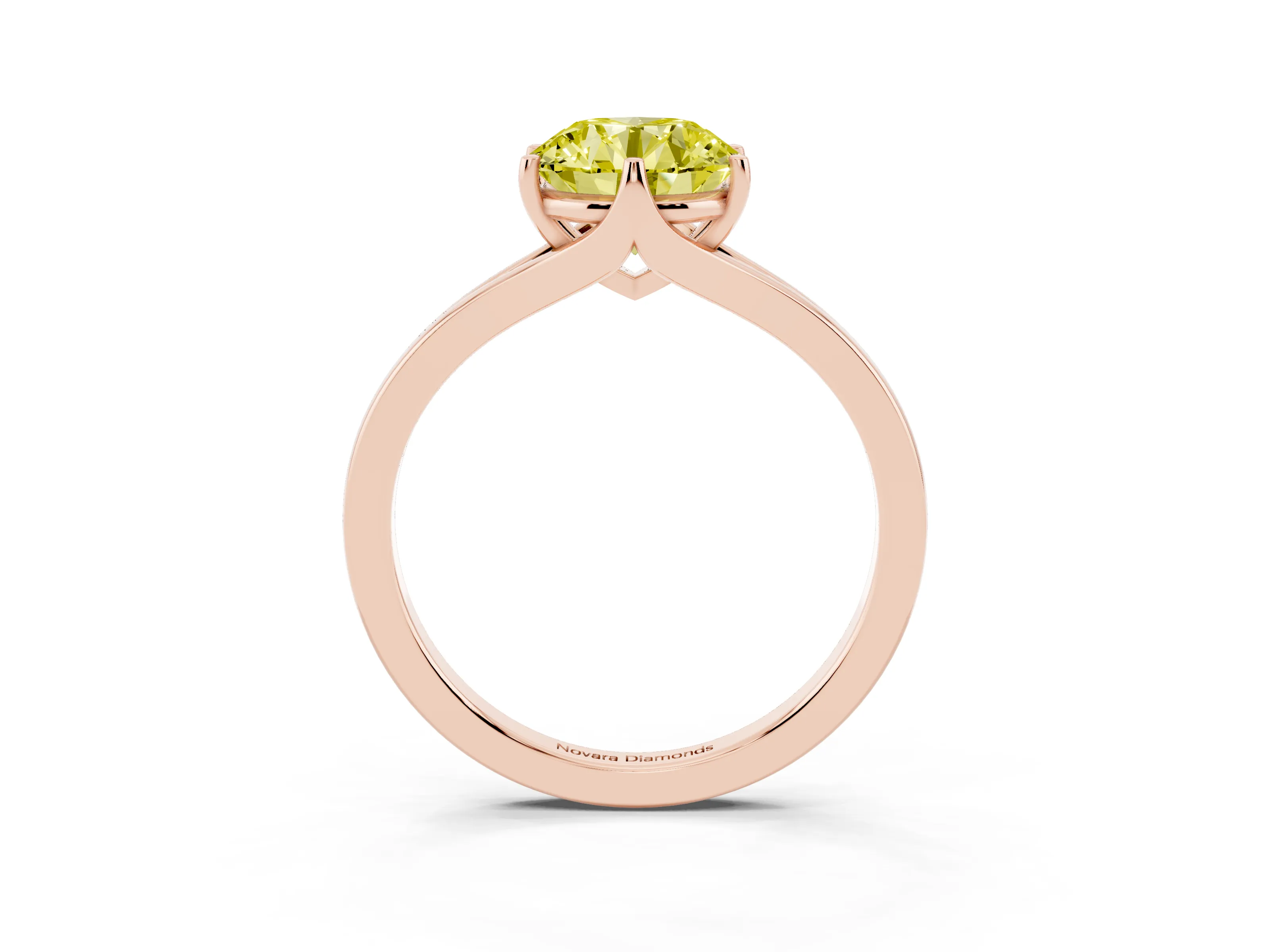 Fancy Yellow Round Cut Diamond Solitaire Ring Set in Rose gold with Polished Tapered Band and Prong Setting