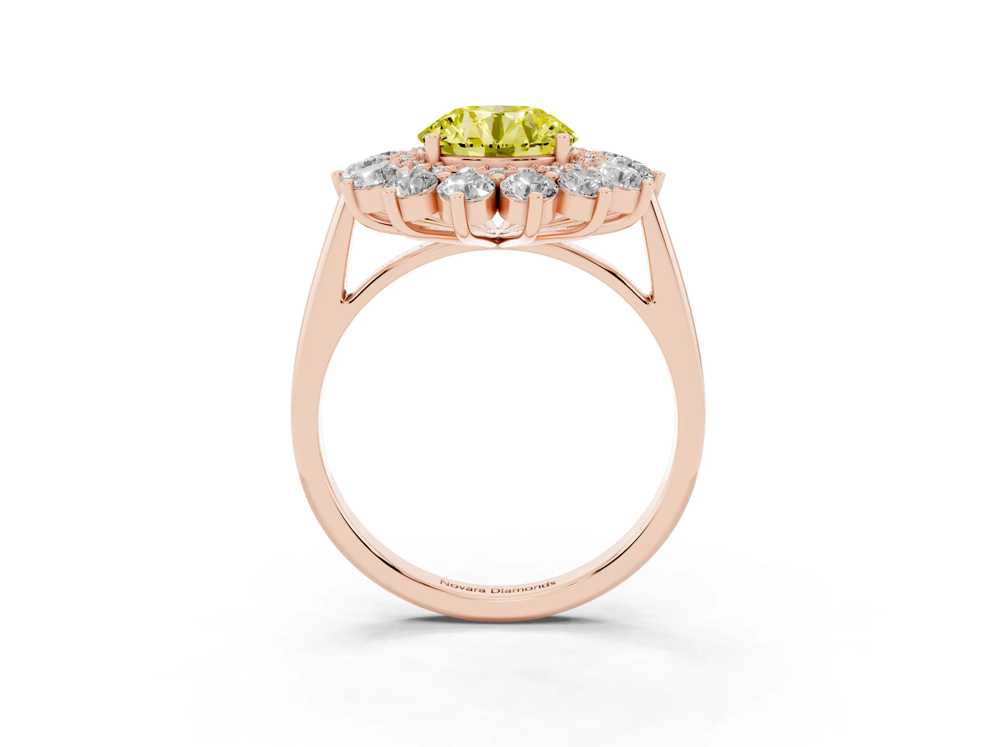 Fancy Yellow Round Cut Diamond Floral Double Halo Ring Set in Rose gold with Round Petals
