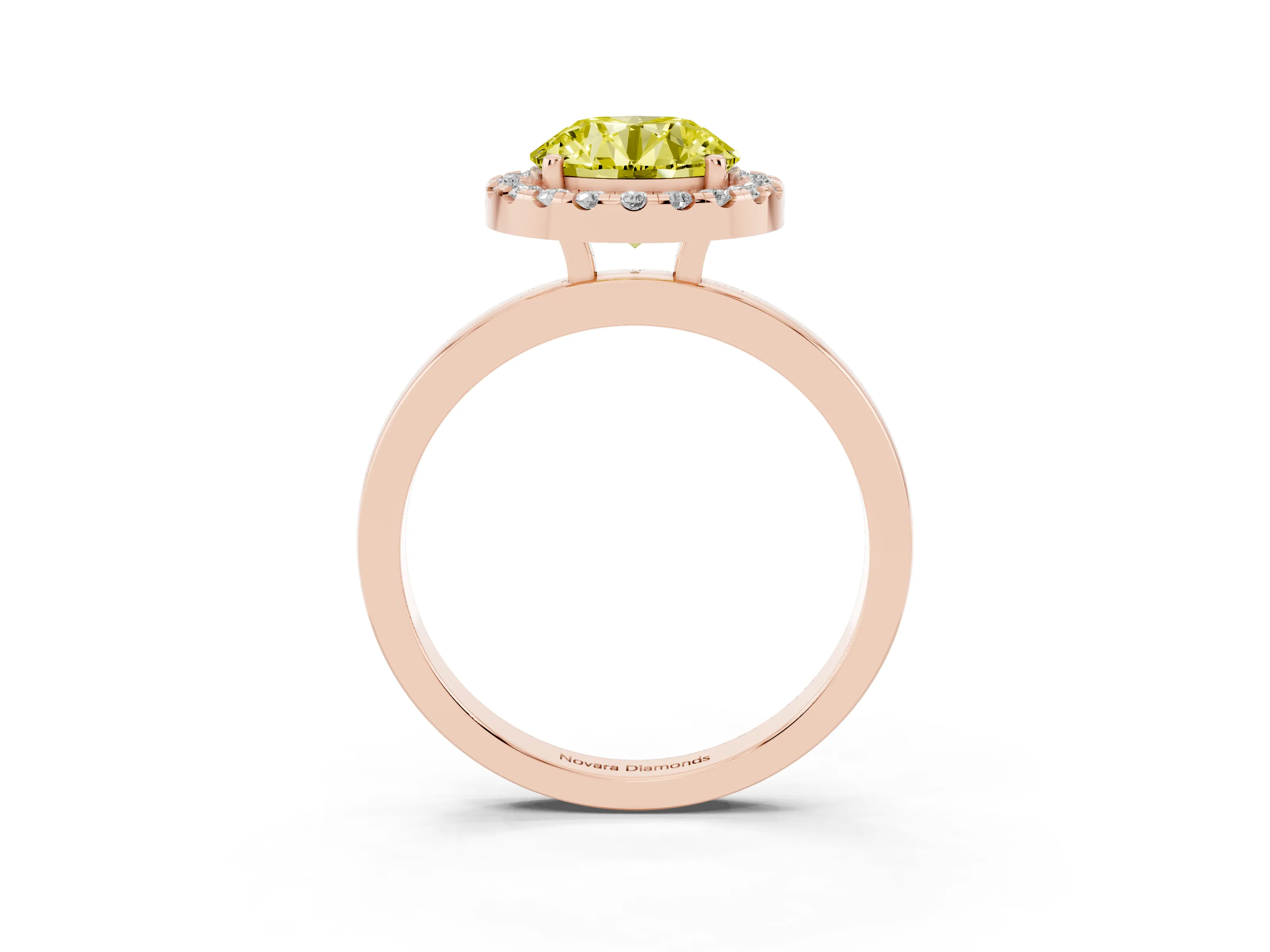 Fancy Yellow Round Cut Diamond Halo Solitaire Ring Set in Rose gold with Pavé Band and Prong Setting