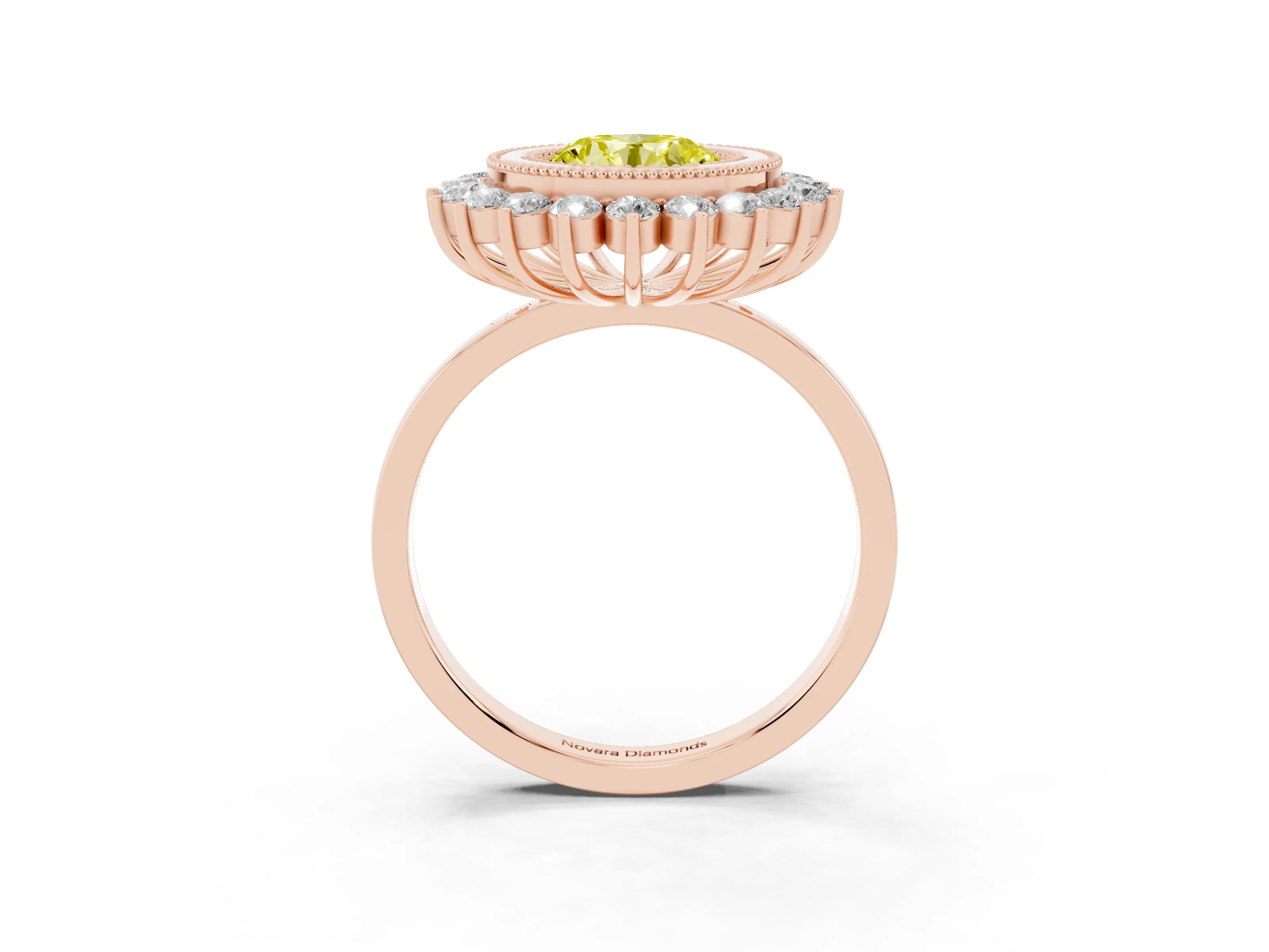 Fancy Yellow Round Cut Diamond Halo Ring Set in Rose gold with Milgrain Edge and Round Prong Setting