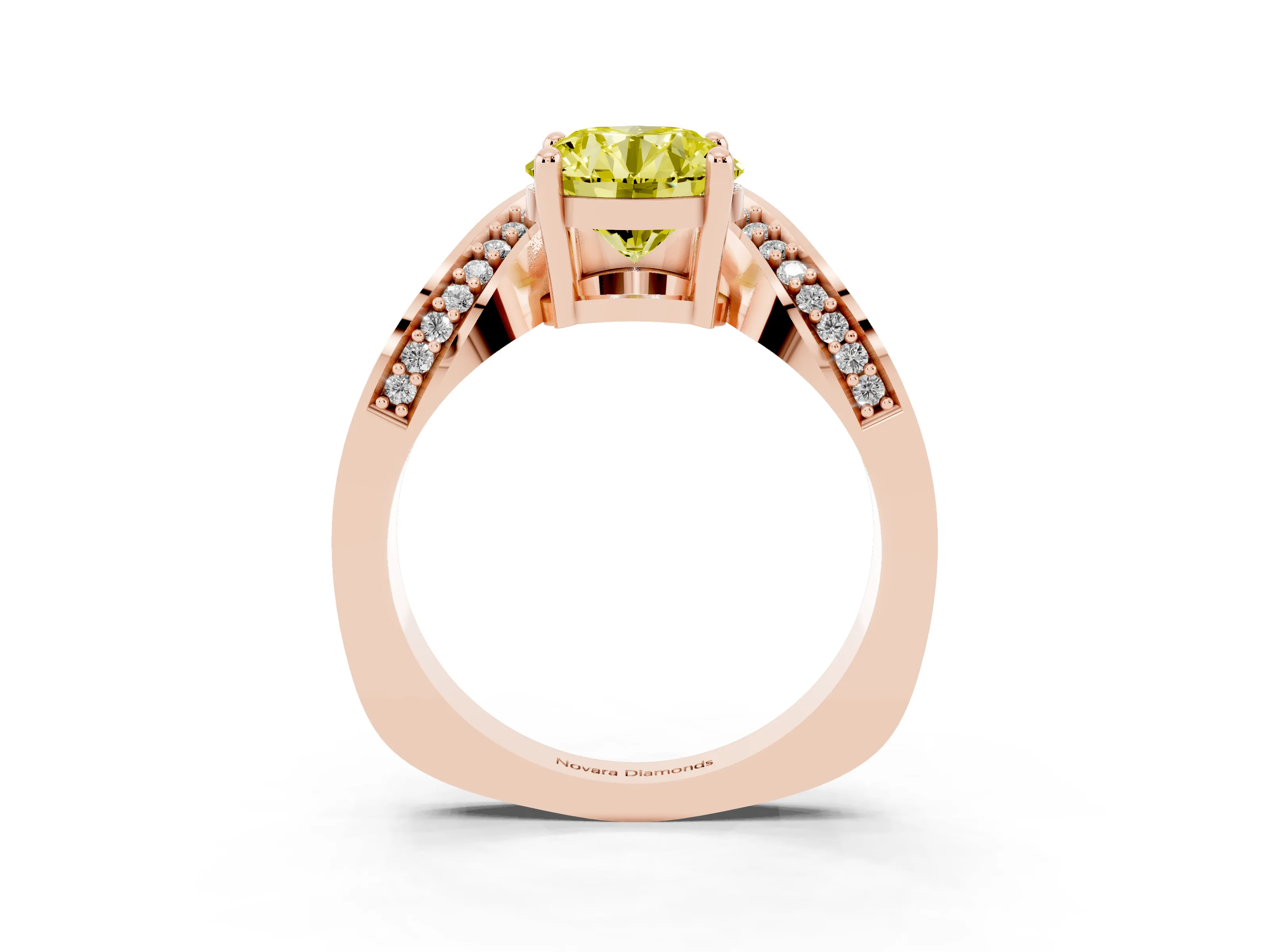 Fancy Yellow Round Cut Diamond Solitaire Engagement Ring Set in Rose gold with Pavé Shoulders