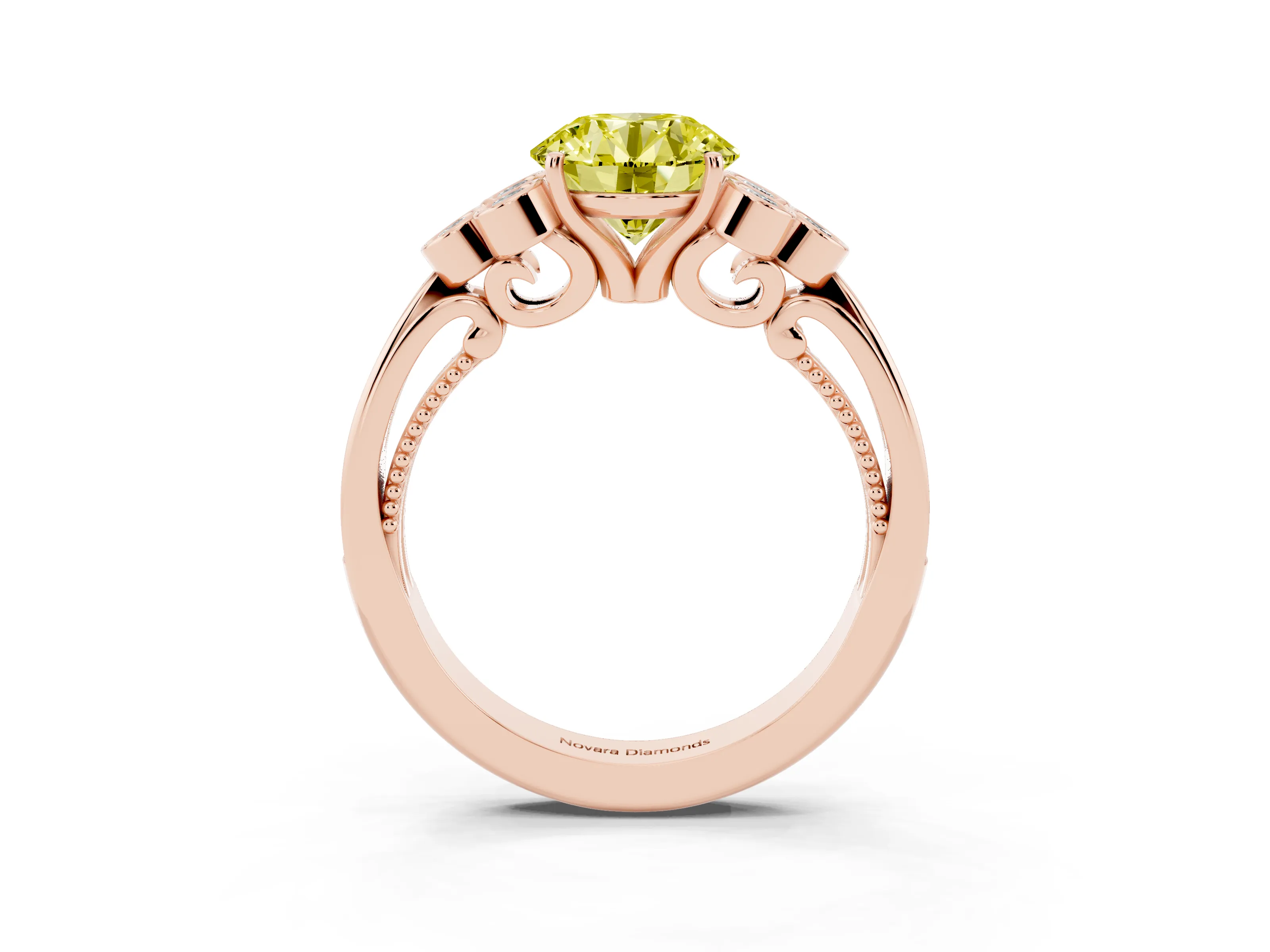 Fancy Yellow Round Cut Diamond Engagement Ring Set in Rose gold with Bezel Set Round Side Stones and Prong Setting