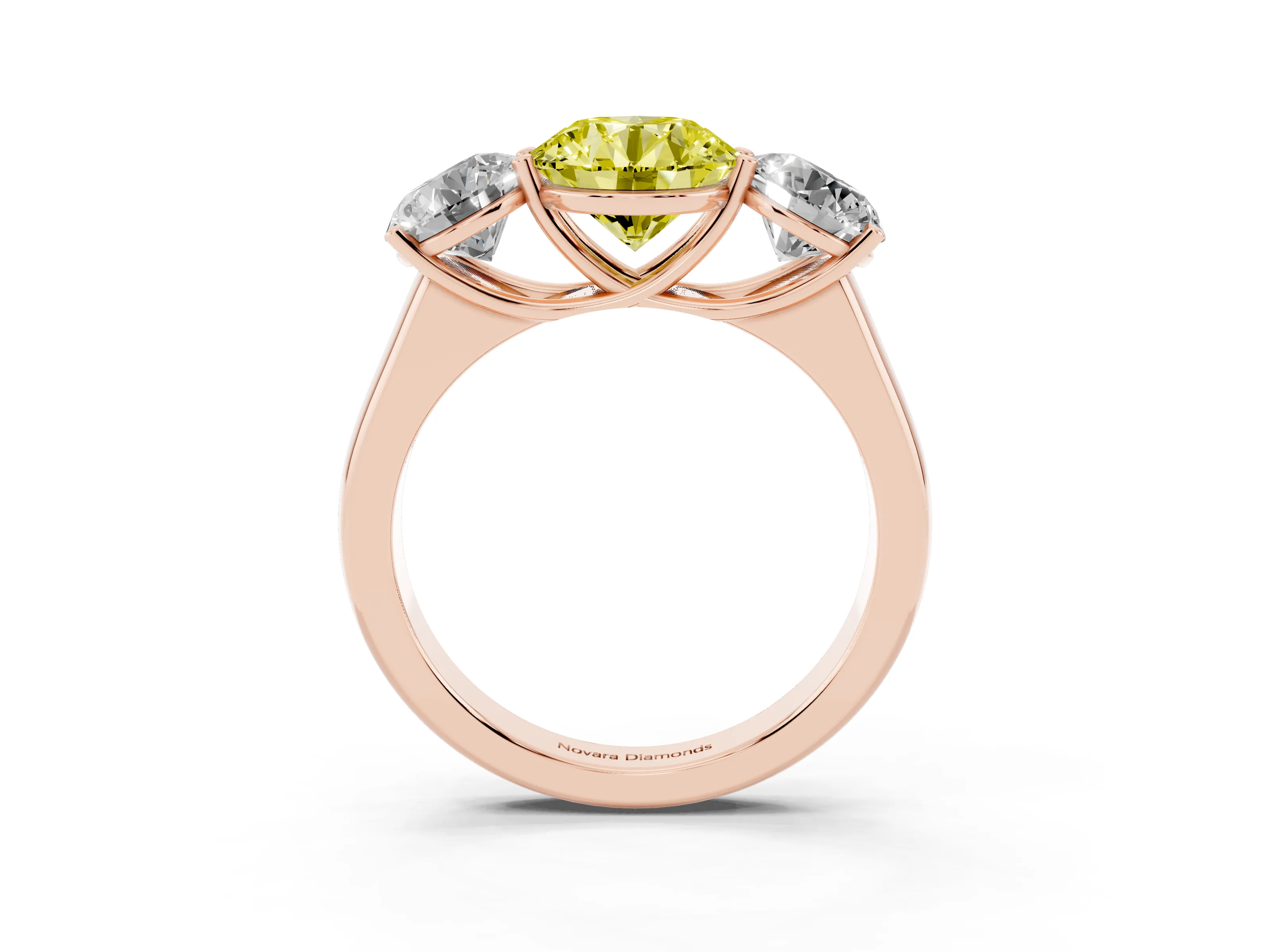 Fancy Yellow Round Cut Diamond Three-Stone Ring Set in Rose gold with Plain Polished Band