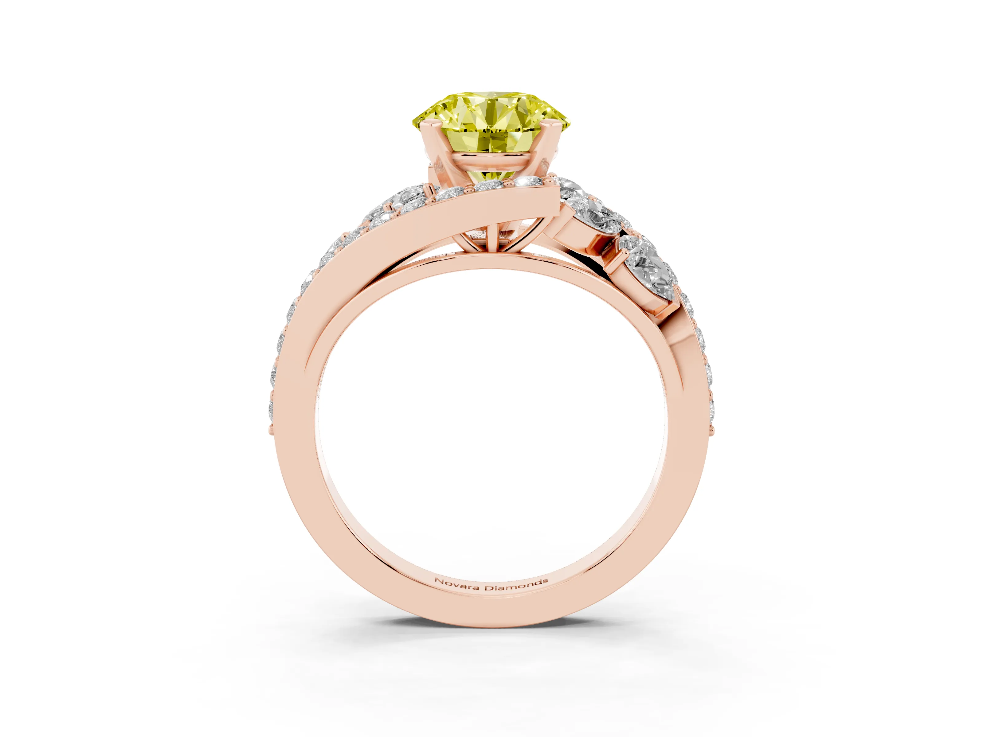 Fancy Yellow Round Cut Diamond Halo Ring Set in Rose gold with Marquise and Pavé Band in Prong Setting