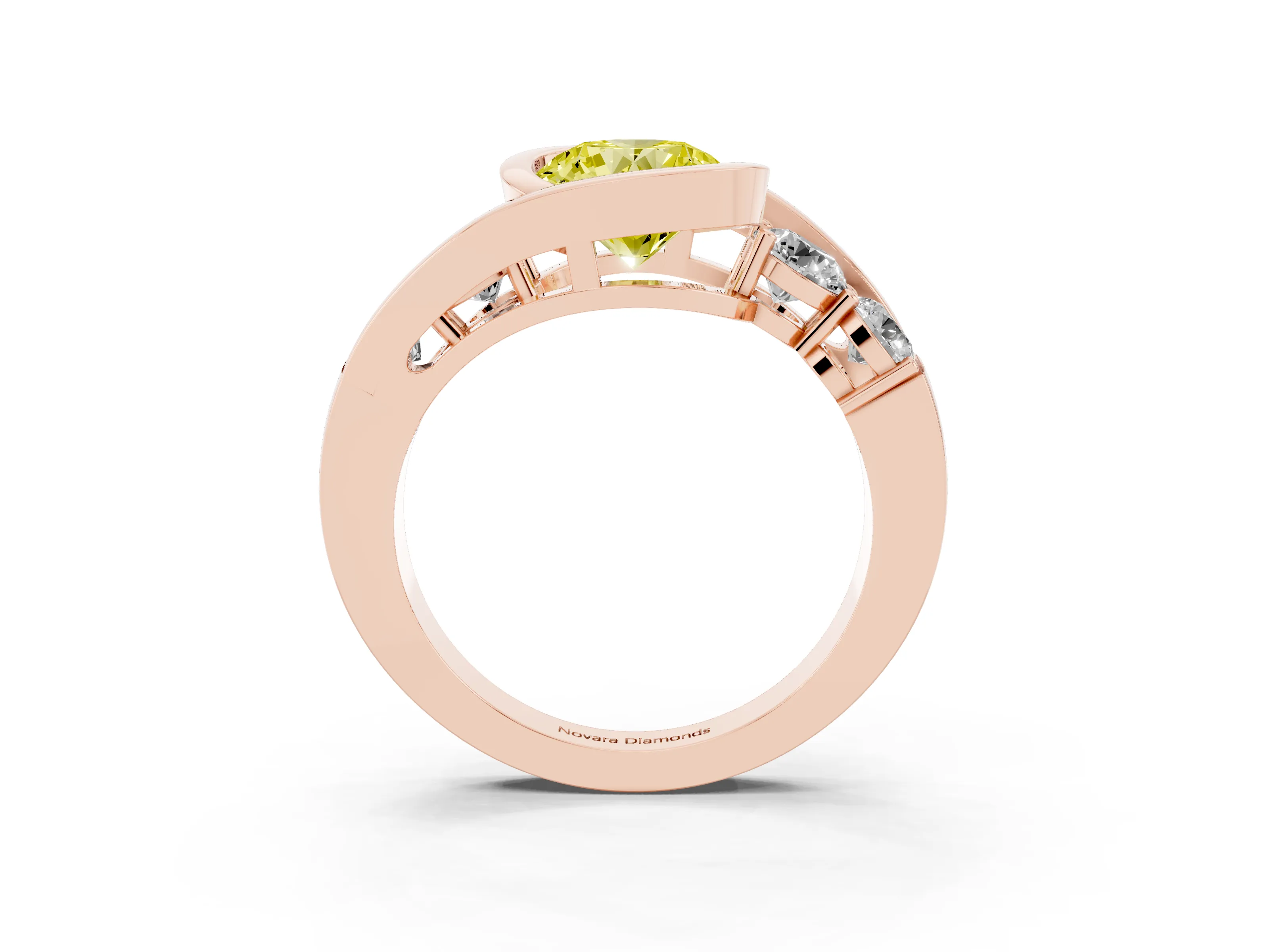 Fancy Yellow Round Cut Diamond Bezel Bypass Ring Set in Rose gold with Round Accents