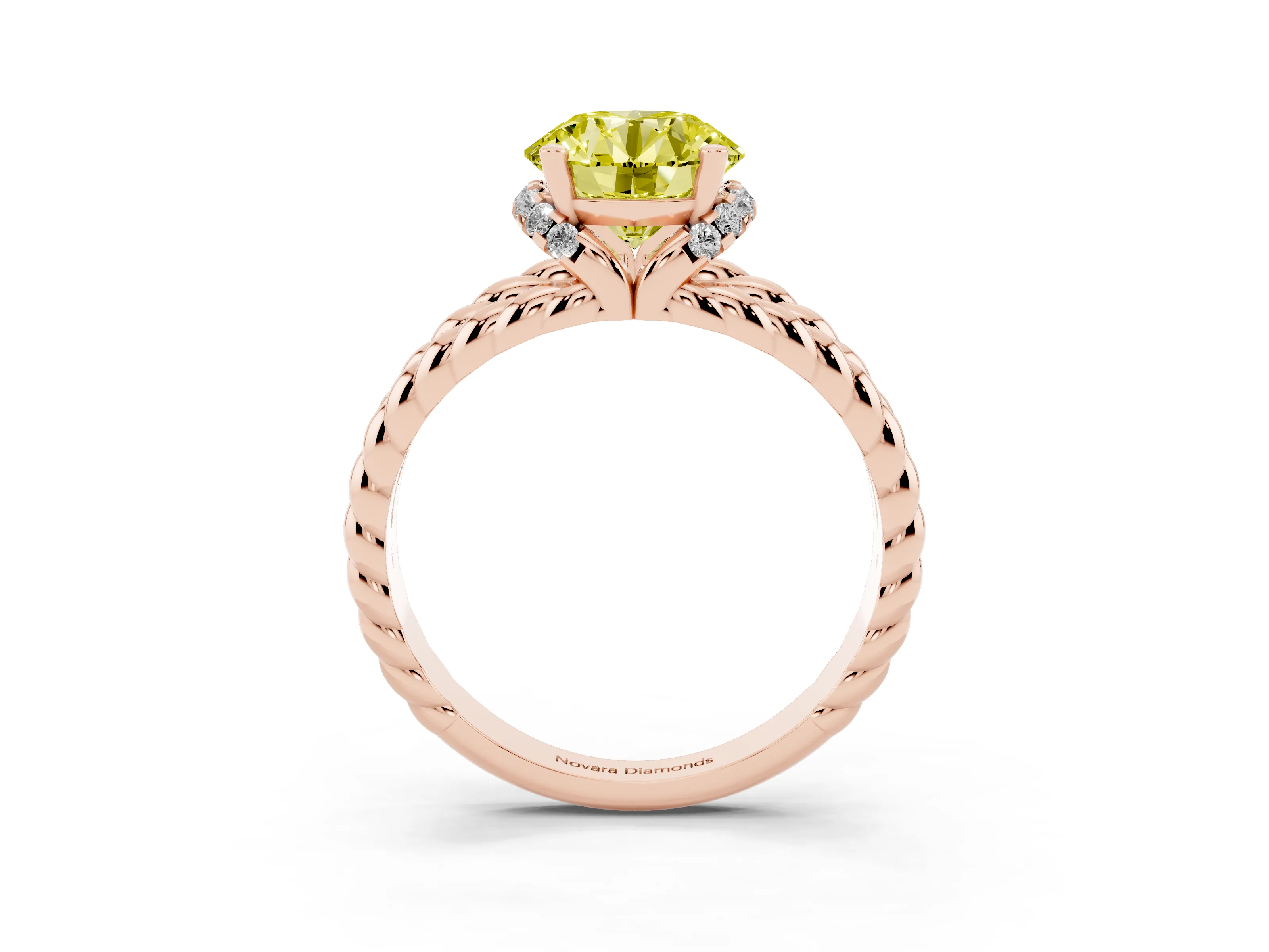 Fancy Yellow Round Cut Diamond Halo Ring Set in Rose gold with Twisted Band and Prong Setting
