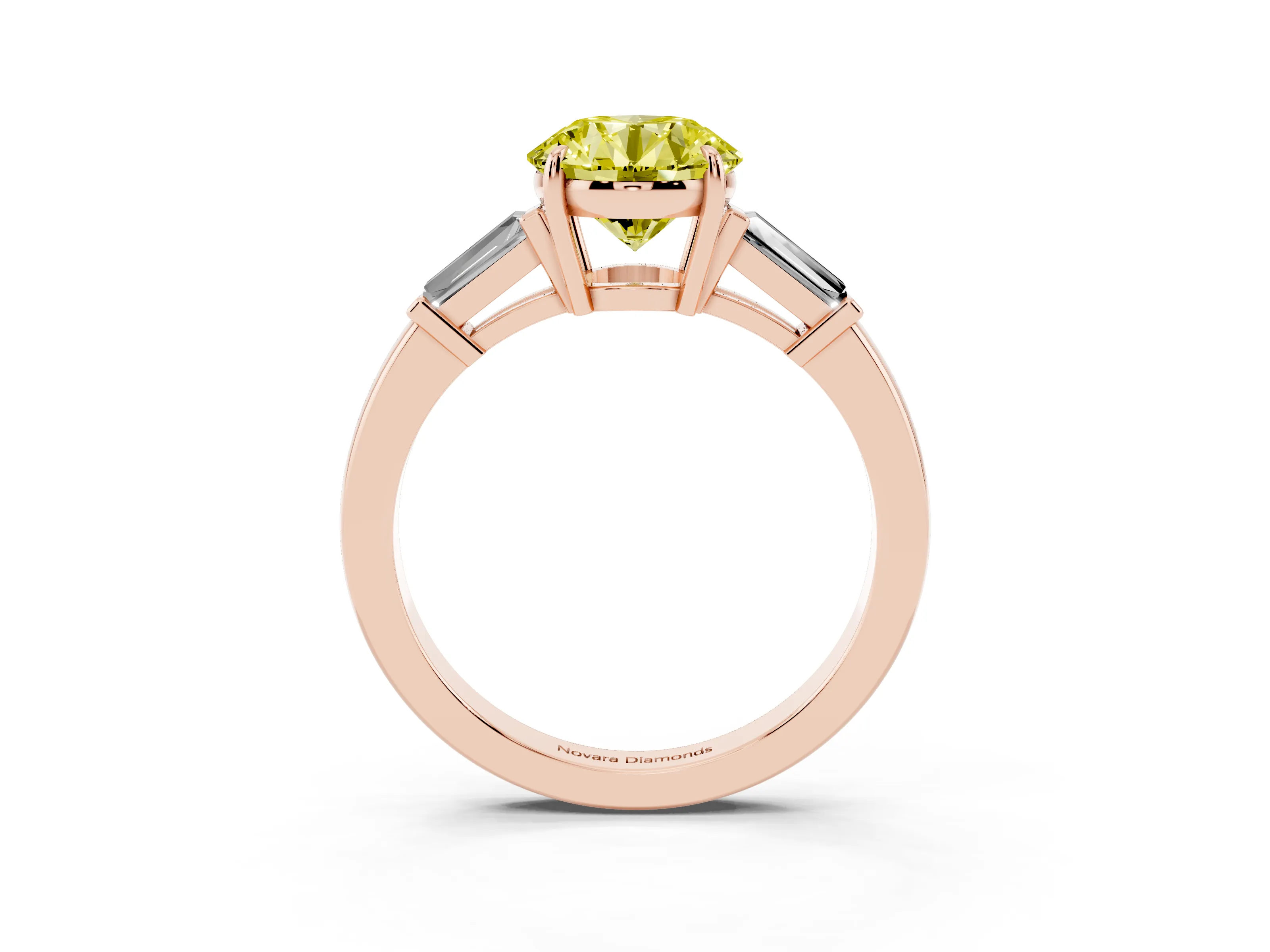 Fancy Yellow Round Cut Diamond Three-Stone Ring Set in Rose gold with Tapered Baguette Side Stones and Prong Setting