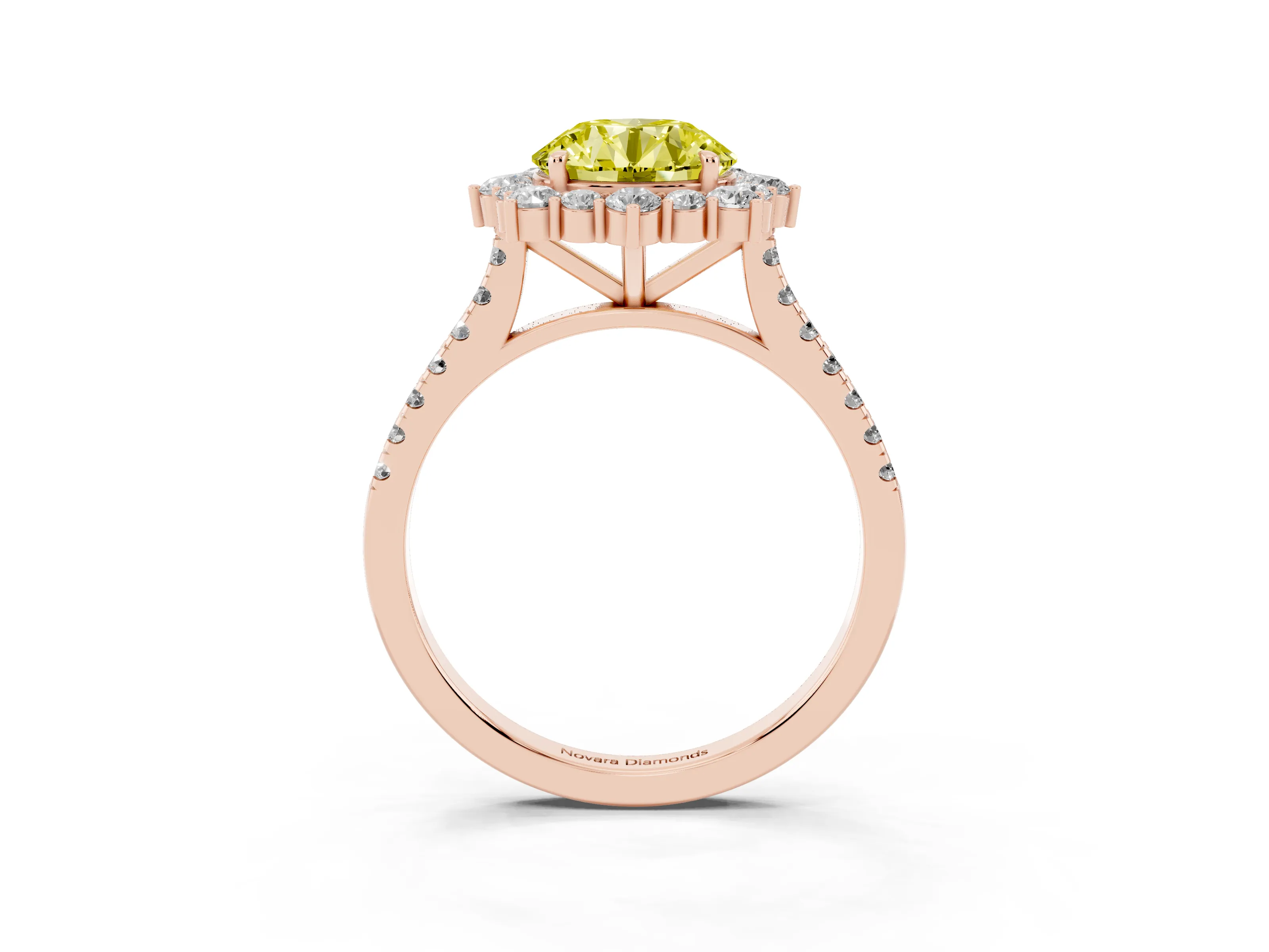 Fancy Yellow Round Cut Diamond Halo Ring Set in Rose gold with Pavé Band and Prong Setting