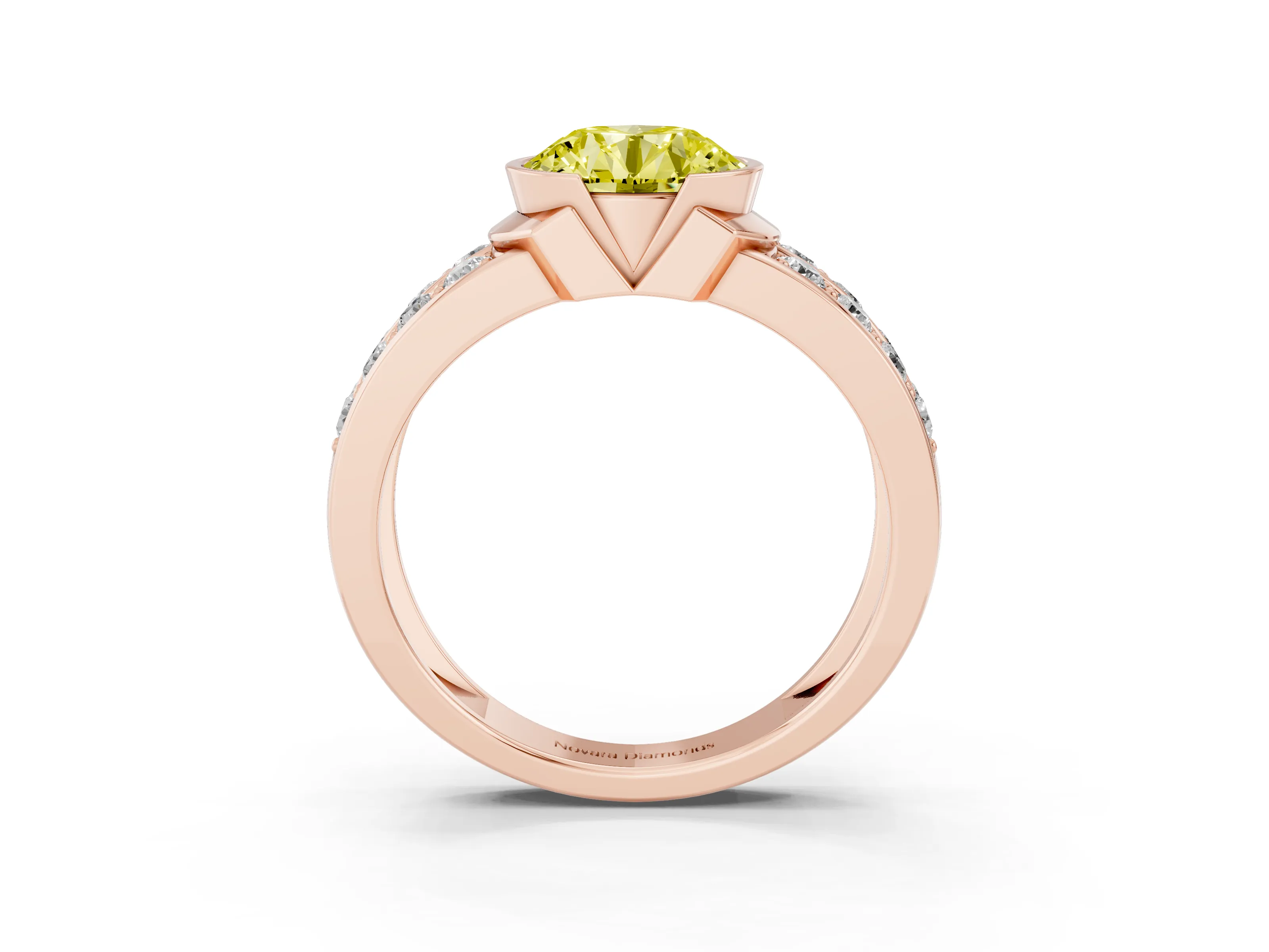Fancy Yellow Round Cut Diamond Wide Channel Set Band Ring Set in Rose gold with Bezel Setting