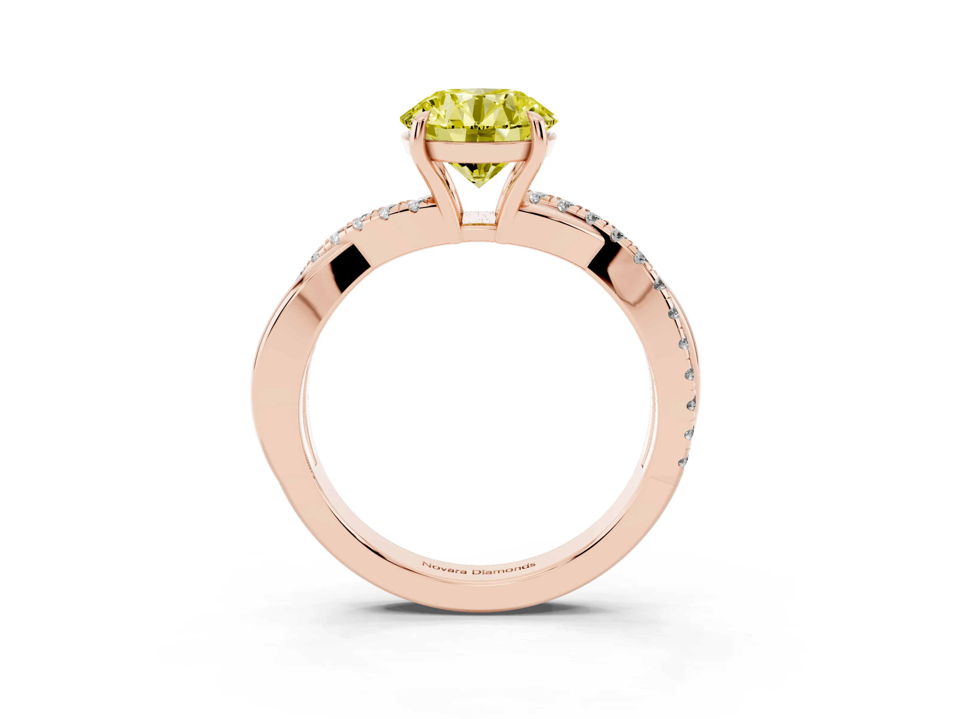 Fancy Yellow Round Cut Diamond Twisted Pavé Band Ring Set in Rose gold with Prong Setting