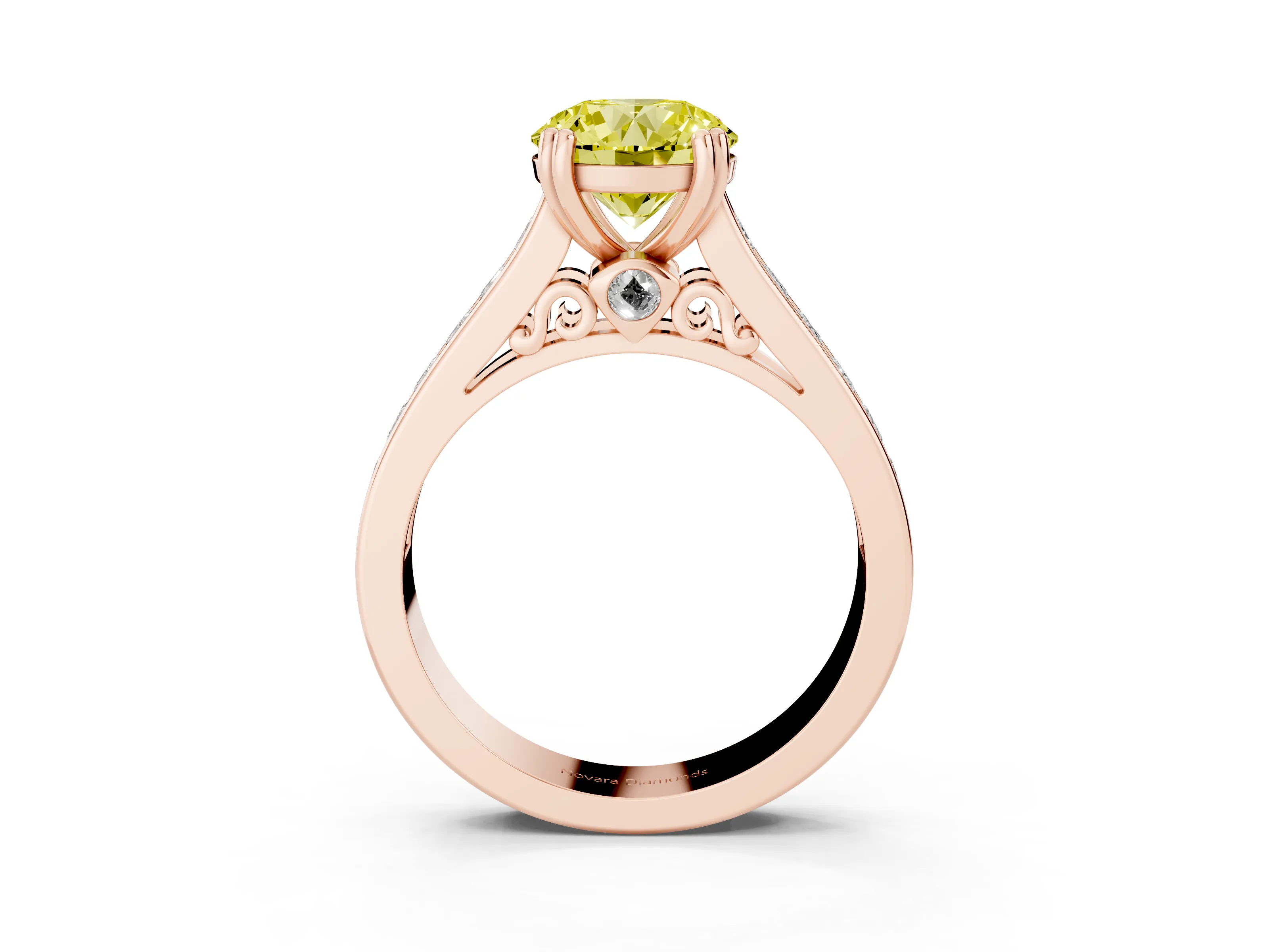 Fancy Yellow Round Cut Diamond Channel Set Solitaire Engagement Ring Set in Rose gold with Prong Setting