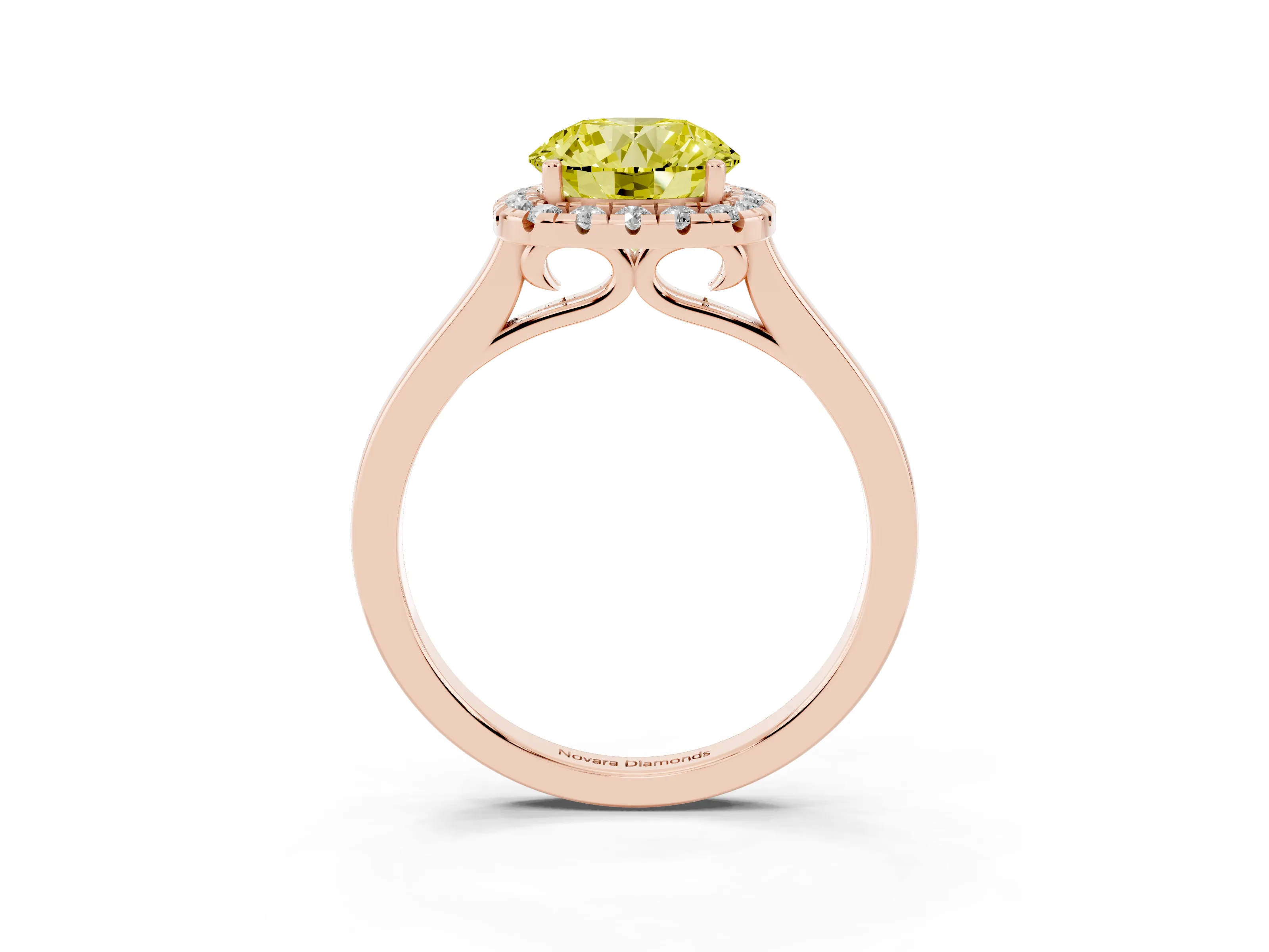 Fancy Yellow Round Cut Halo Round Diamond Solitaire Ring Set in Rose gold with Pavé Band and Prong Setting