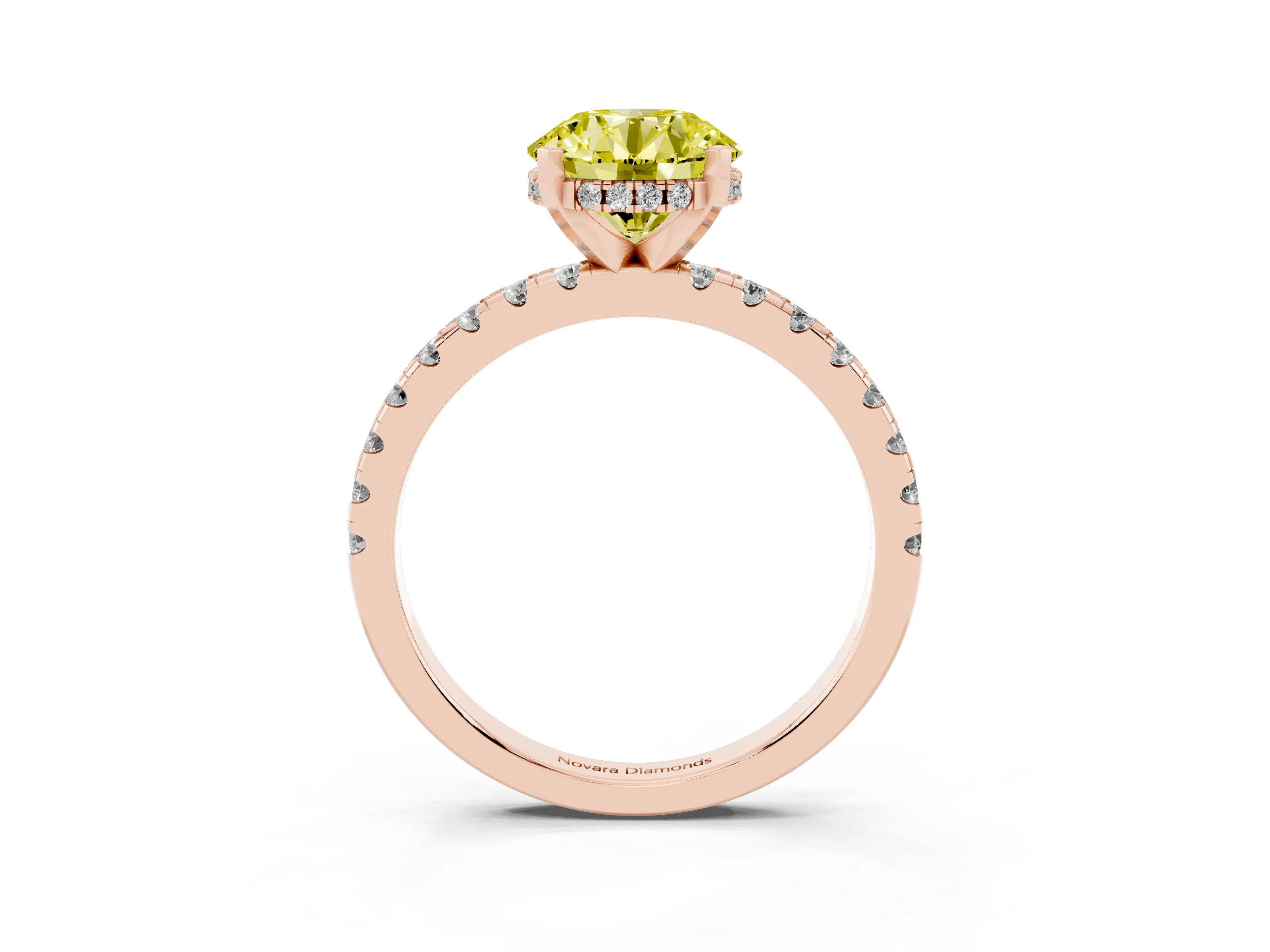Fancy Yellow Round Cut Diamond Pavé Solitaire Ring Set in Rose gold with Round Band Accents and Prong Setting