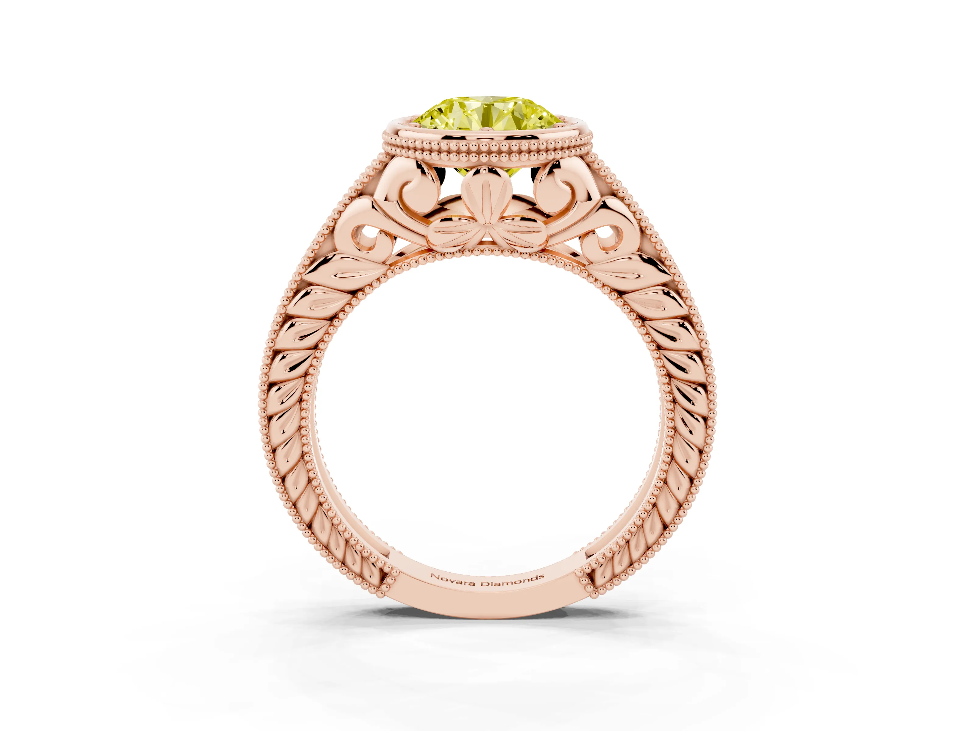 Fancy Yellow Bezel Set Round Cut Diamond Milgrain Pavé Engagement Ring Set in Rose gold