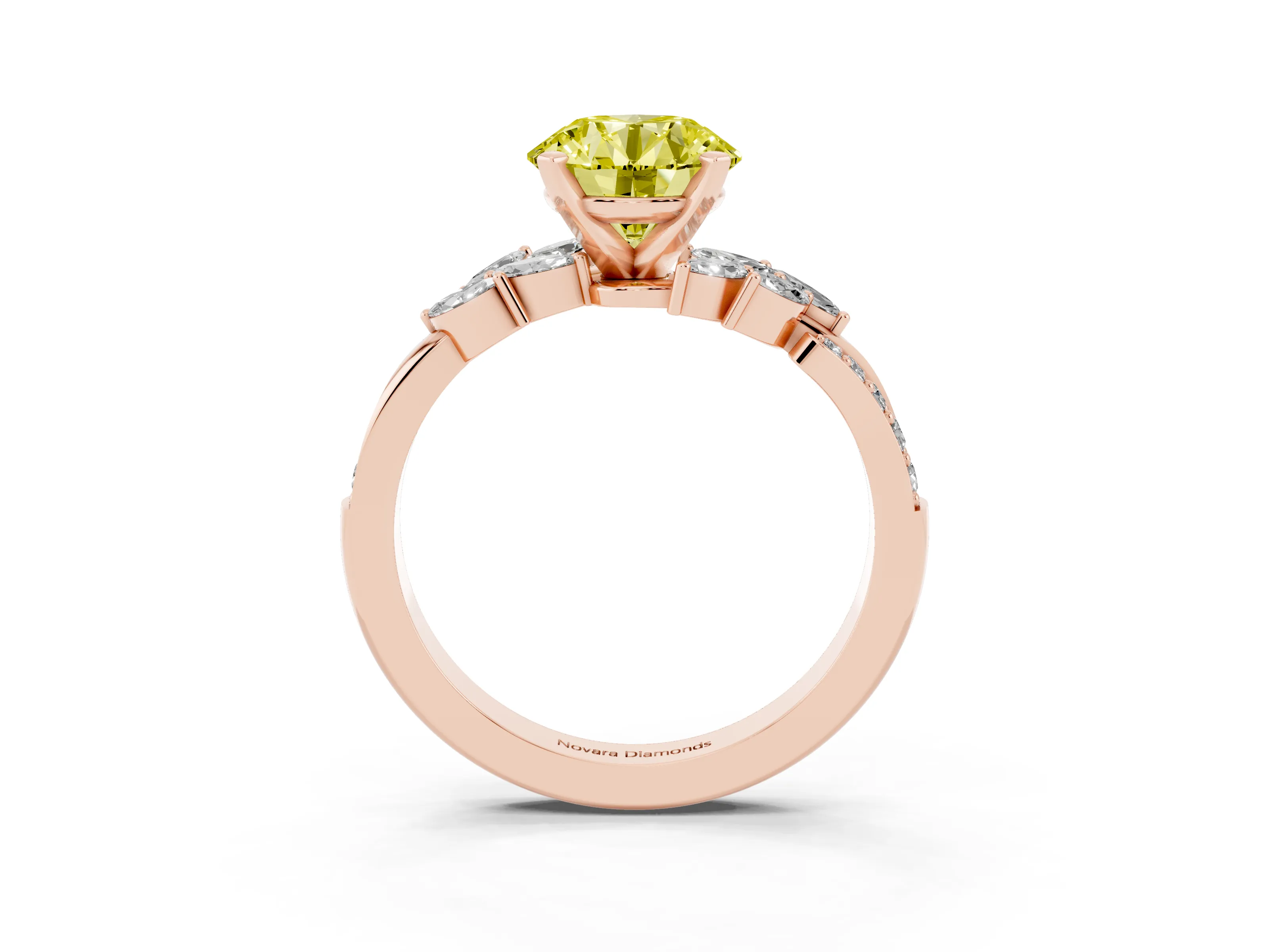 Fancy Yellow Round Cut Diamond Solitaire Ring Set in Rose gold with Marquise Twist Band and Prong Setting