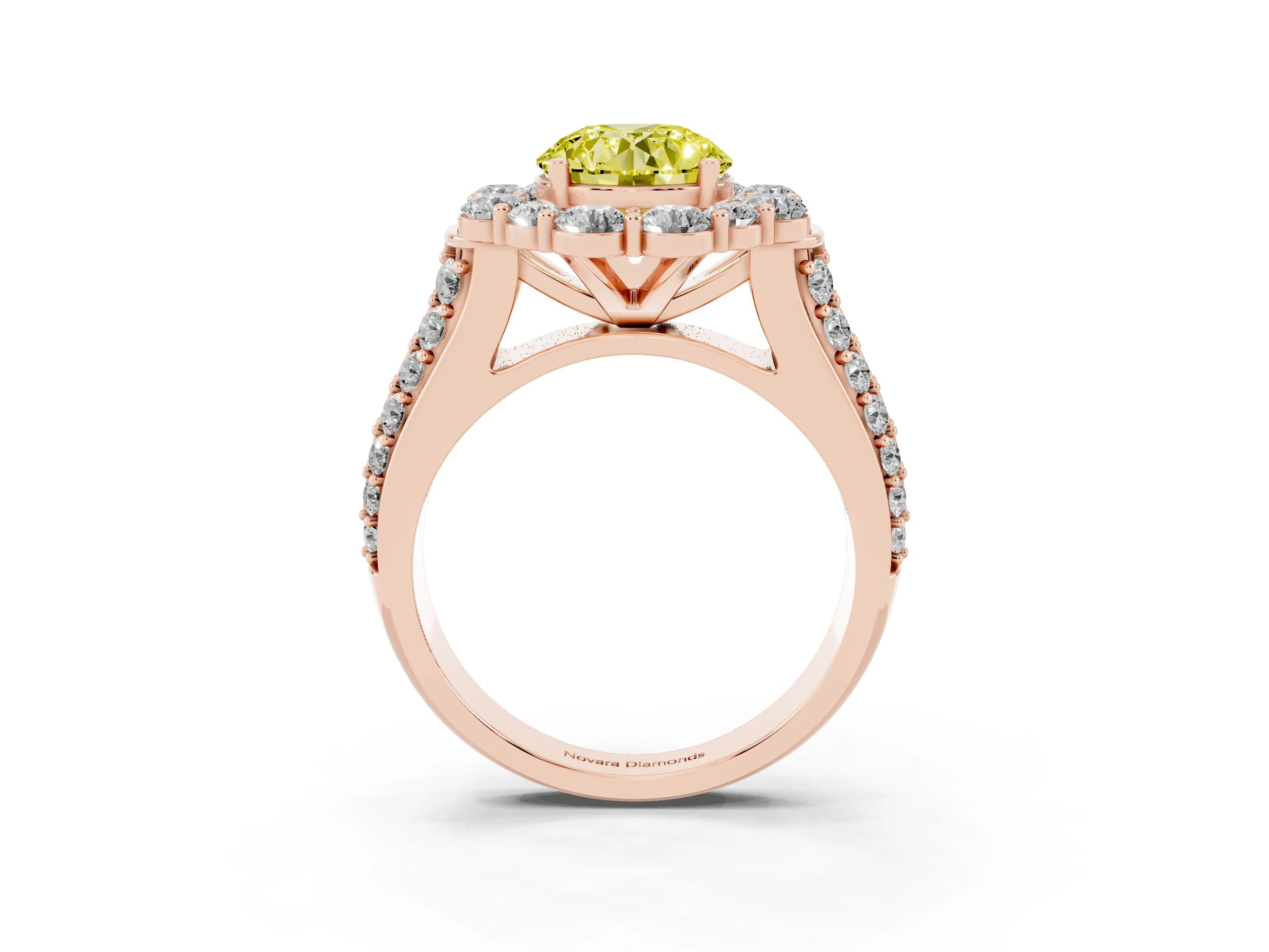 Fancy Yellow Round Cut Diamond Halo Engagement Ring Set in Rose gold with Split Shank and Prong Setting