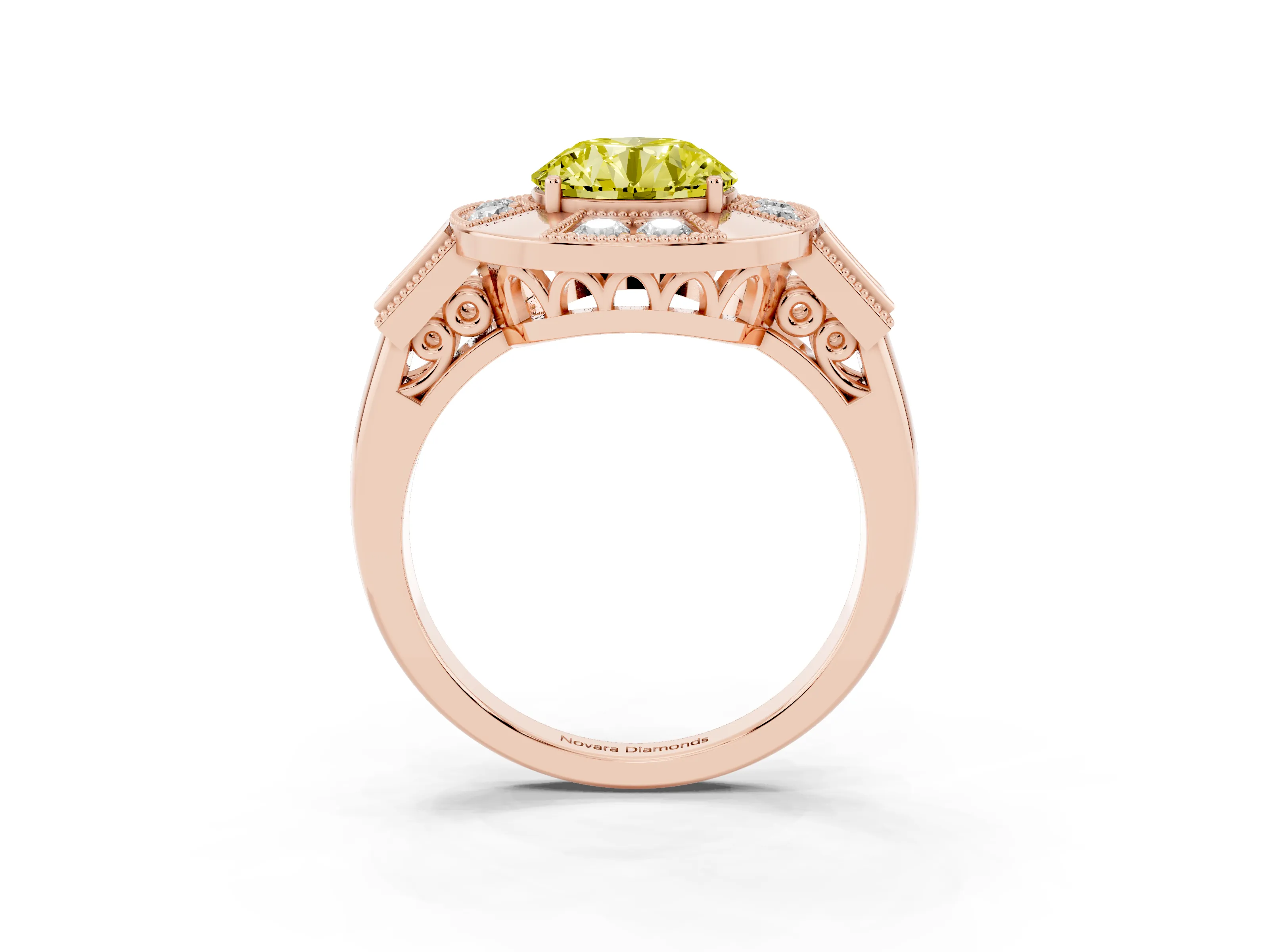 Fancy Yellow Round Cut Diamond Milgrain Halo Ring Set in Rose gold with Split Shank