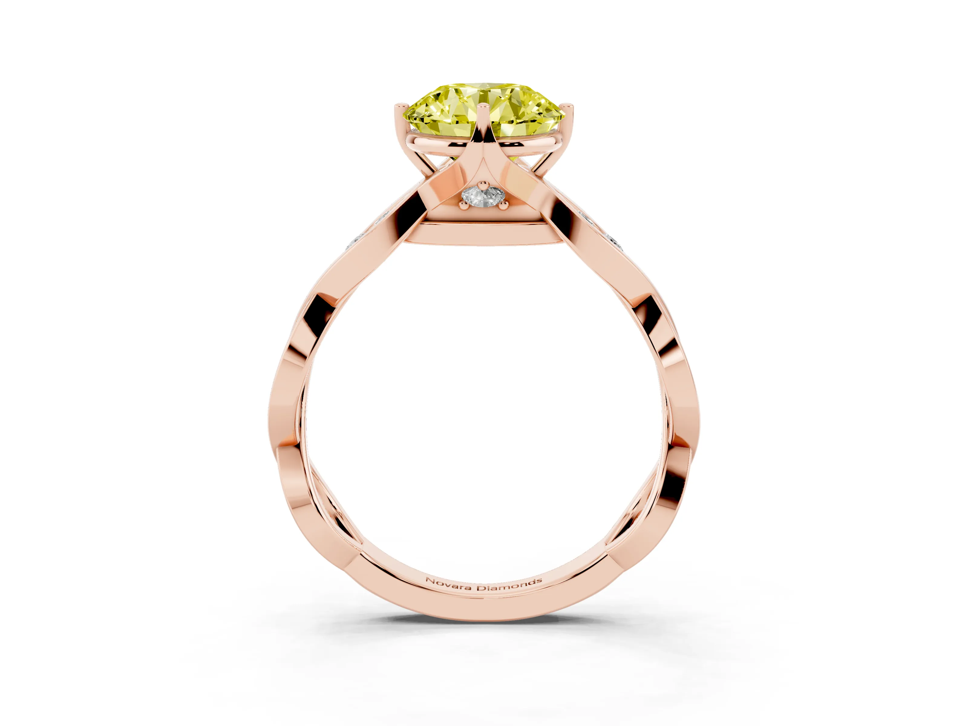 Fancy Yellow Round Cut Diamond Twist Band Solitaire Ring Set in Rose gold with Leaf Prong Setting and Accent Stones