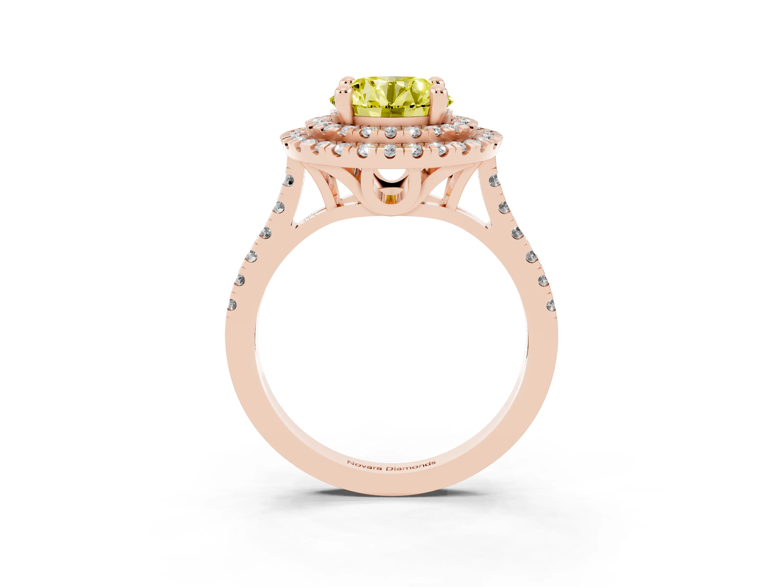 Fancy Yellow Round Cut Diamond Double Halo Statement Ring Set in Rose gold with Pavé Band