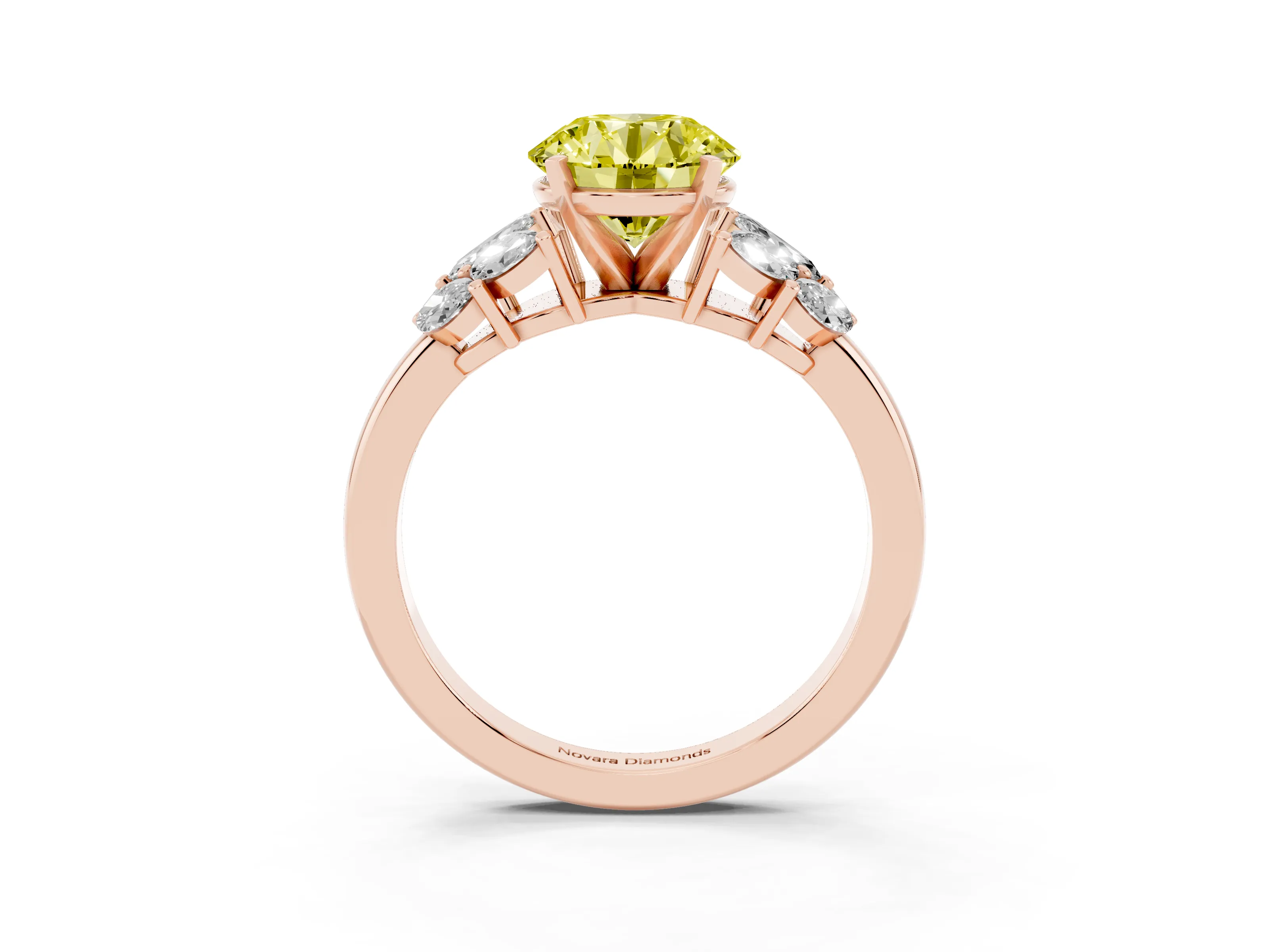 Fancy Yellow Round Cut Diamond Cluster Leaf Design Ring Set in Rose gold with Prong Setting